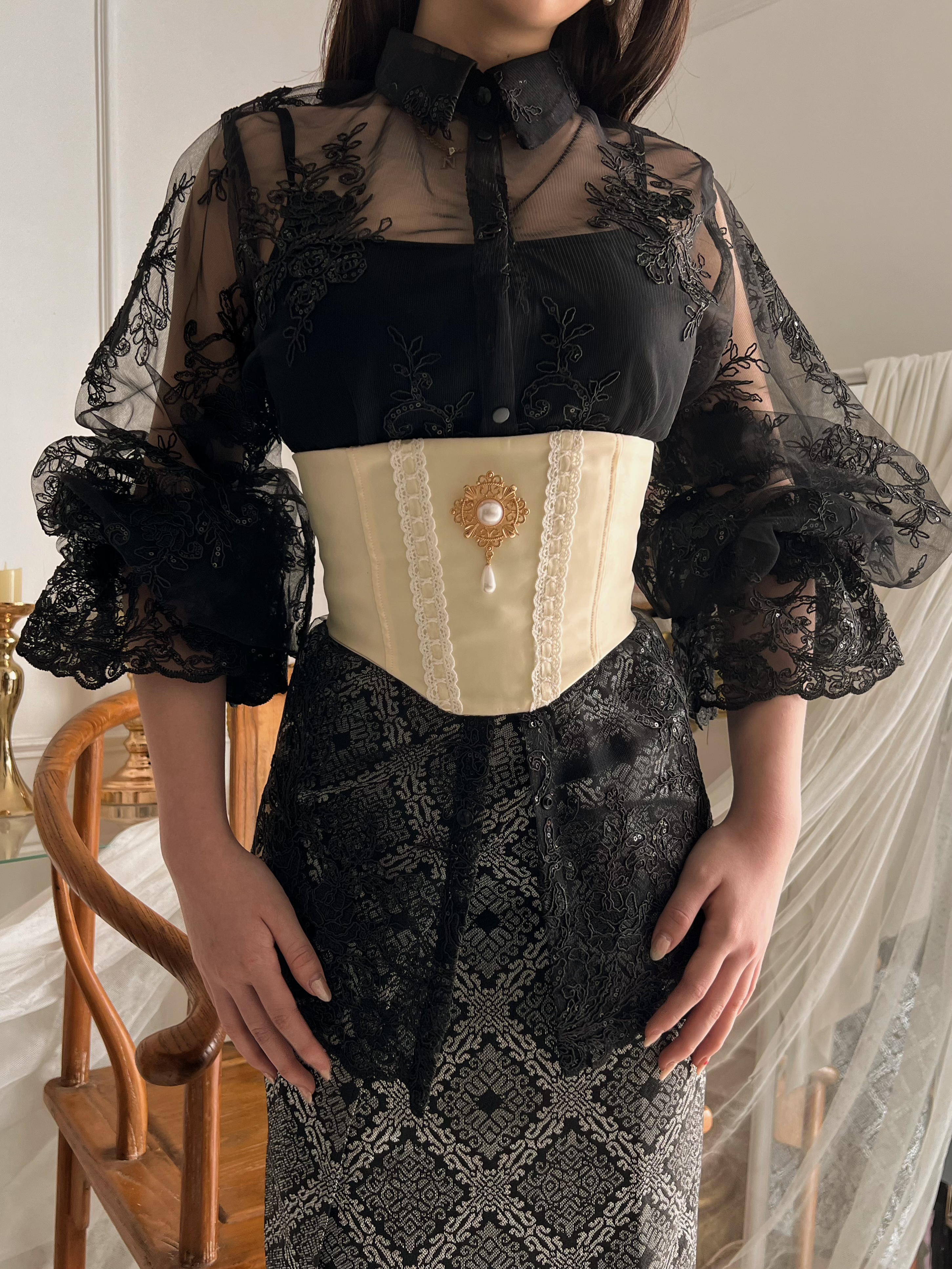 Songket Underbust Corset in Crème and Pareo Skirt in Black with Angel Blouse in Black