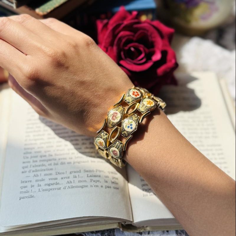 Rare! Vintage Floral Embellished Damascene Toledo Double Row Bracelet(MT2368)