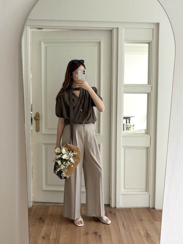 Louise Wrap Blouse with Tie (Brown)