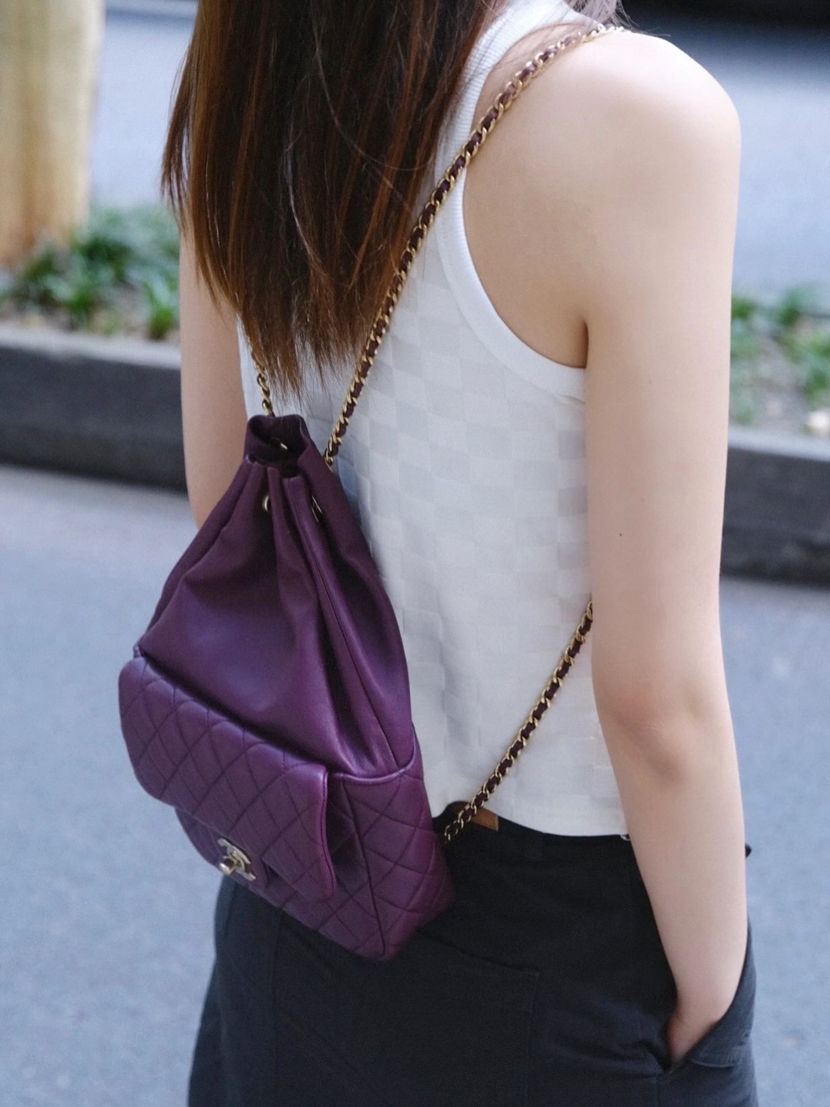 👜 PRE OWNED 🛍️酒紅羊皮束口包 21開 有卡有單 💜