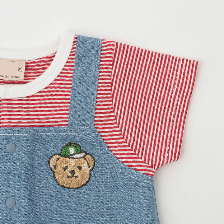 🇯🇵預訂 日本直送🇯🇵Petit Main三色動物刺繡條紋吊帶口袋短袖連身服