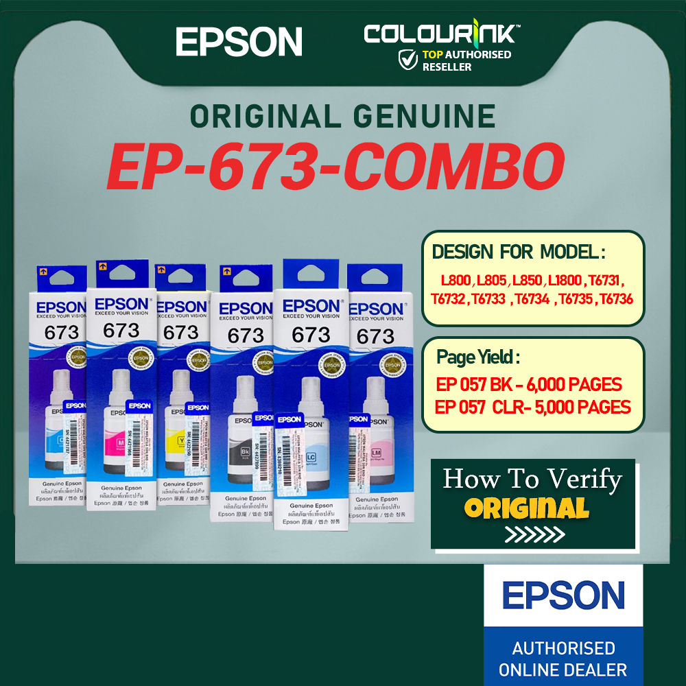 Epson Original Genuine T673 Refill Ink Bottle 70ml L800｜L805｜L850｜L1800 T6731 T6732 T6733 T6734 T6735 T6736