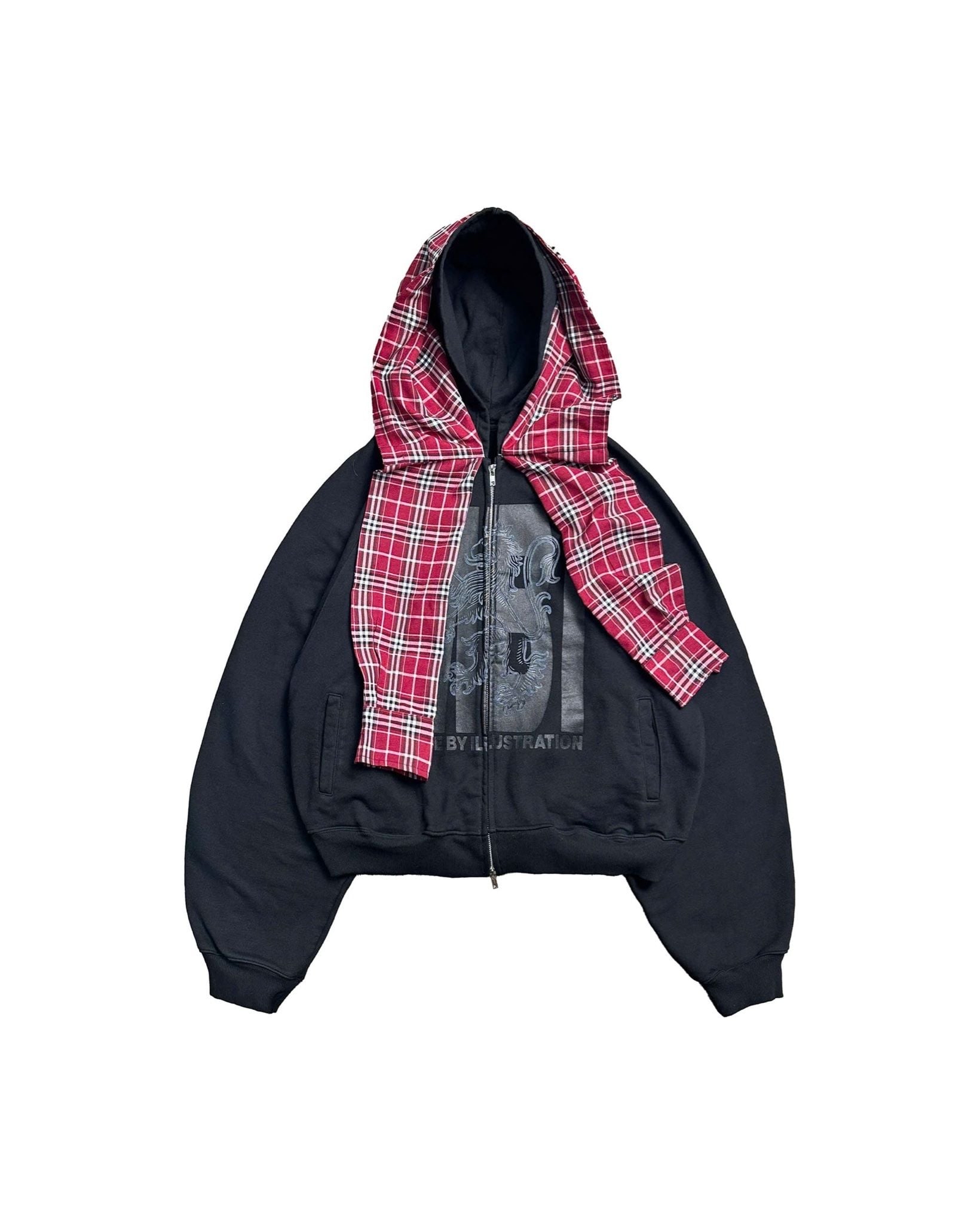 CHECKERED SCARF ZIP HOODIE - Faded Black