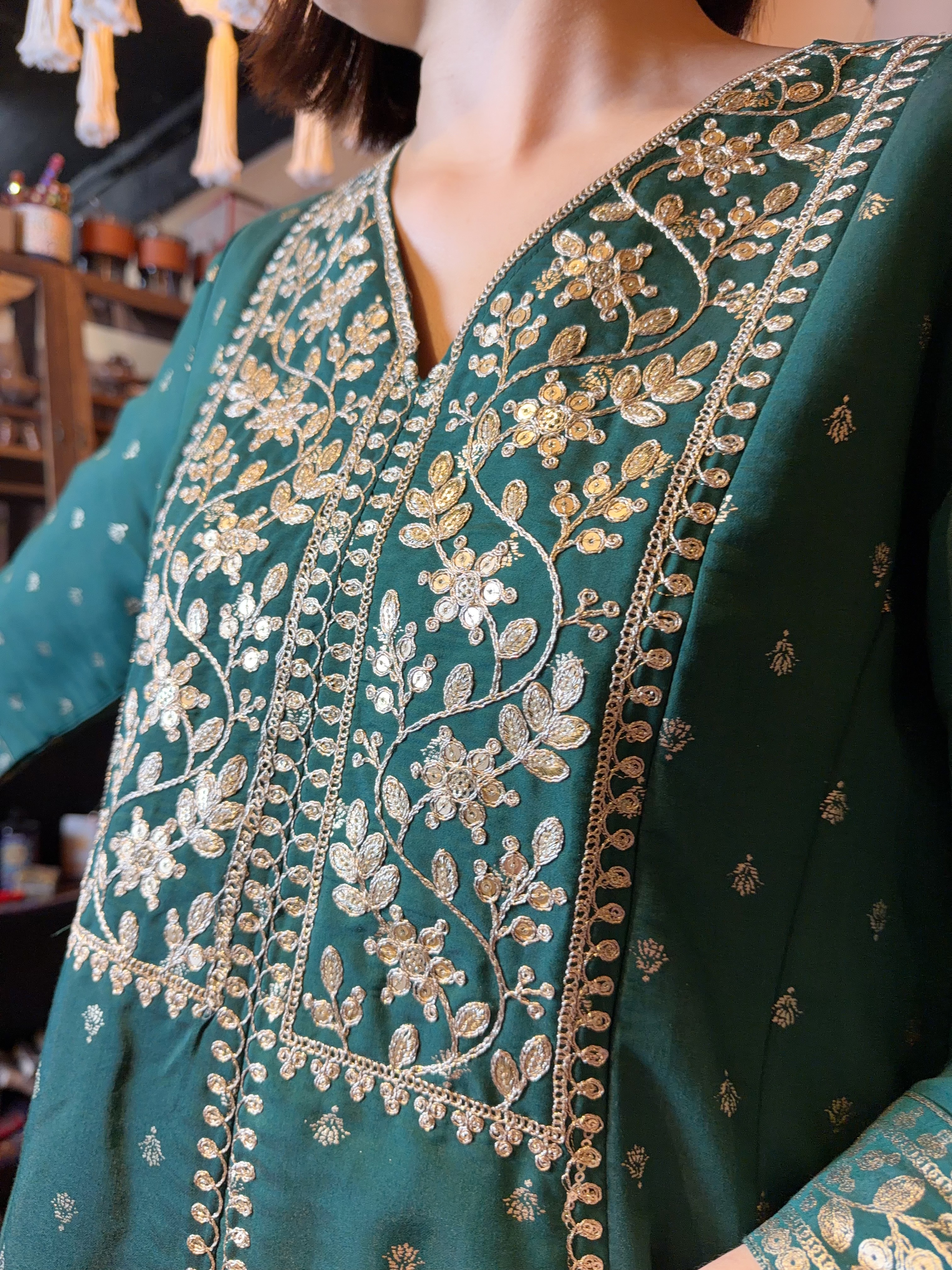 Forest Green V-Neck Gold Emb. OP 47.5" #1447