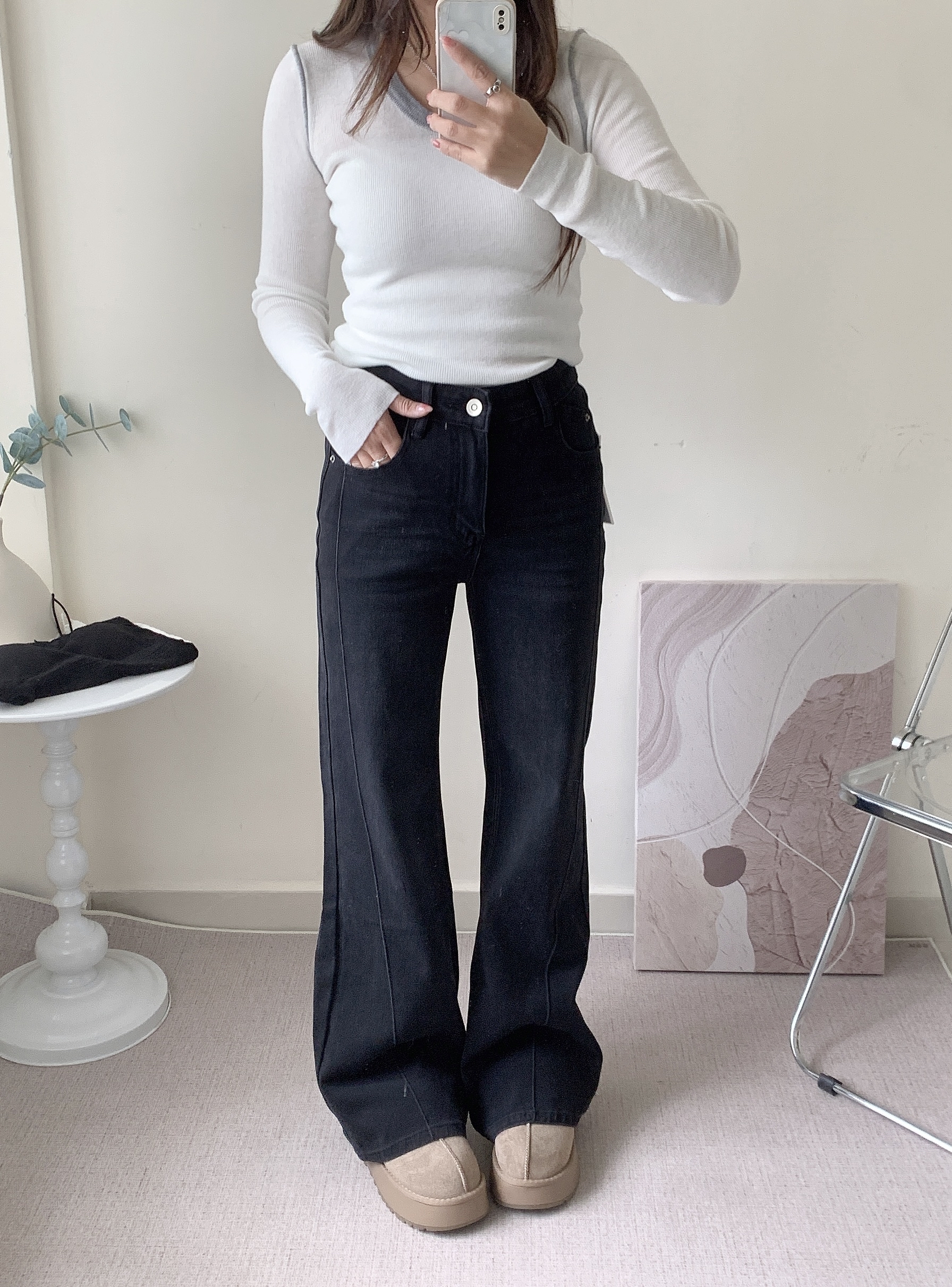 黑色斜骨牛仔褲