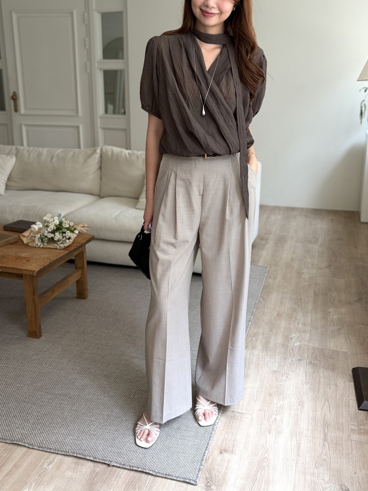 Louise Wrap Blouse with Tie (Brown)