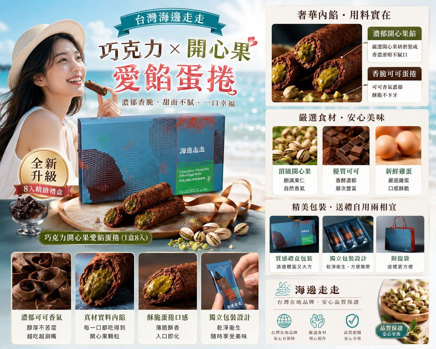 【預訂】台灣海邊走走巧克力開心果愛餡蛋捲 (1盒8入)