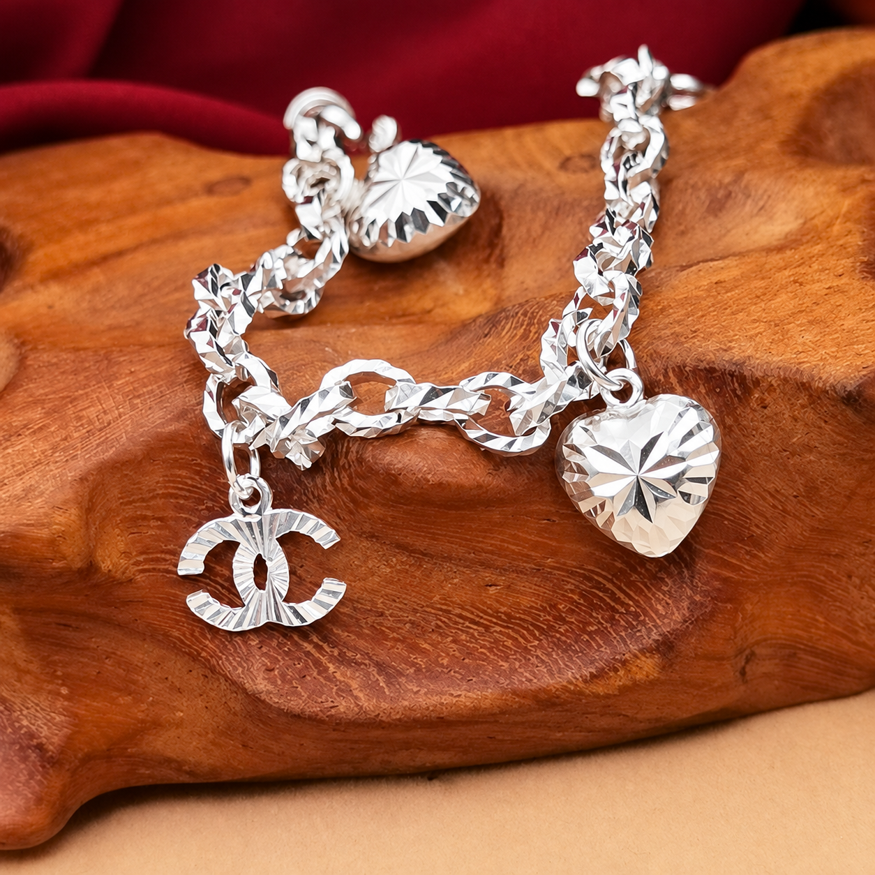 LB2020 Double C pendant & Diamond Cut Link Chain Bracelet