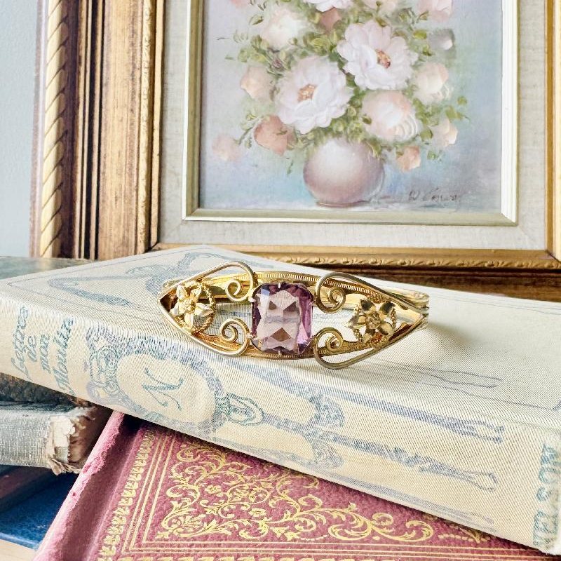 Early 20th Century Gold Filled Faceted Purple Glass Bangle / Hinged Bracelet (MT2307)