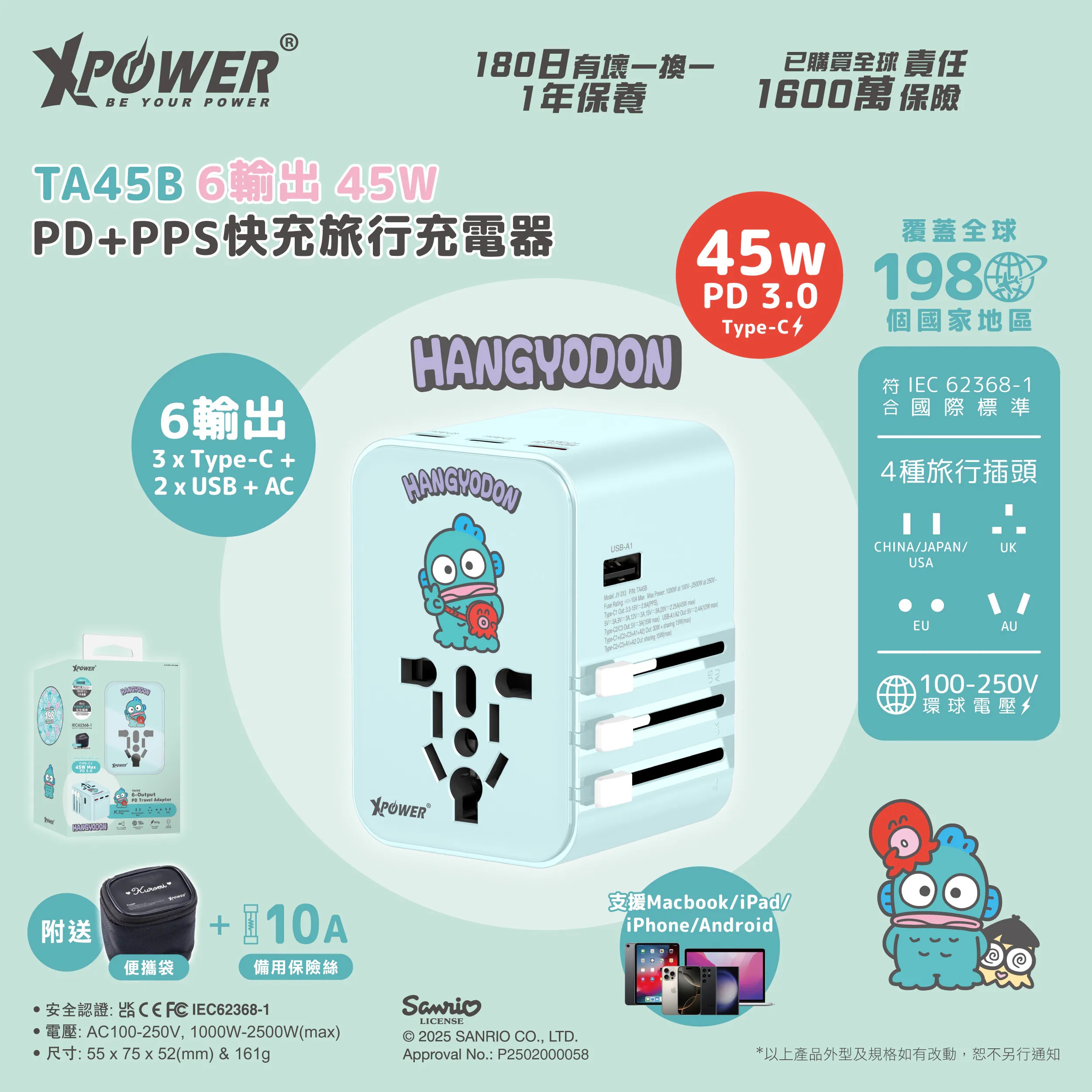 XPower x Sanrio Hangyodon TA45B 45W 6輸出 PD3.0/PPS旅行充電器