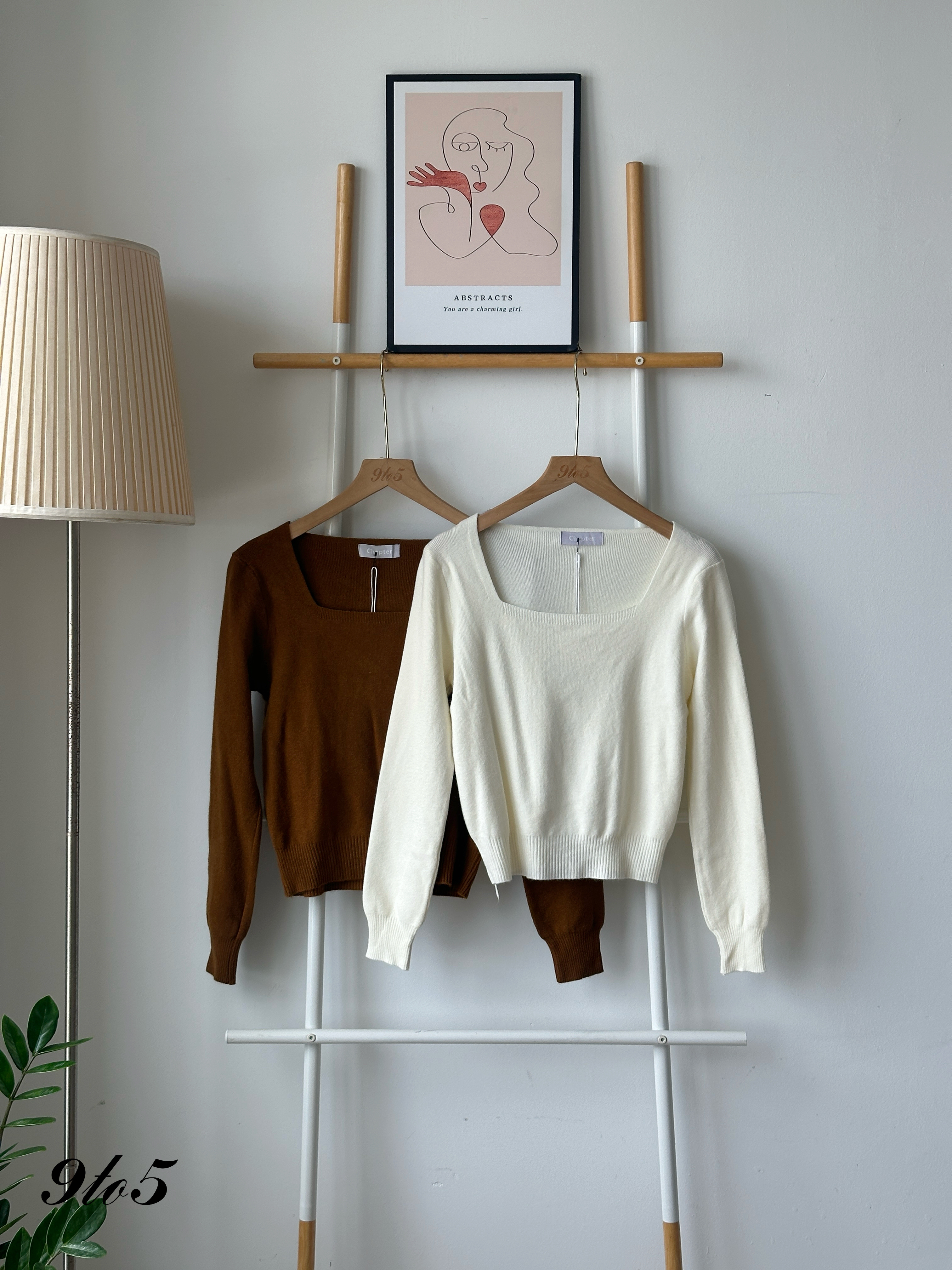 T4136 Square Neck Knit Top - Cream & Golden Brown