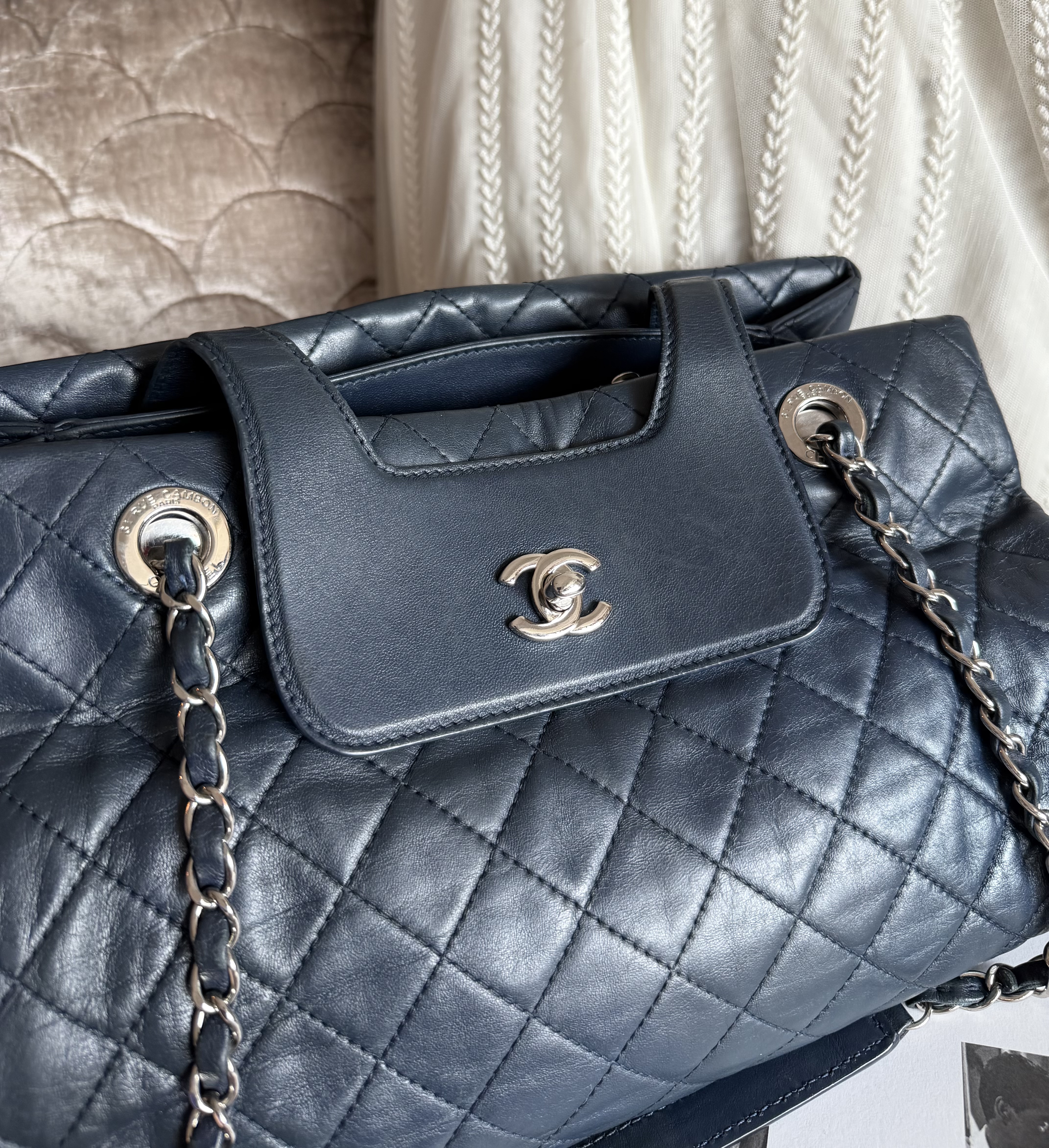 Chanel quilted matelasse navy leather chain bag