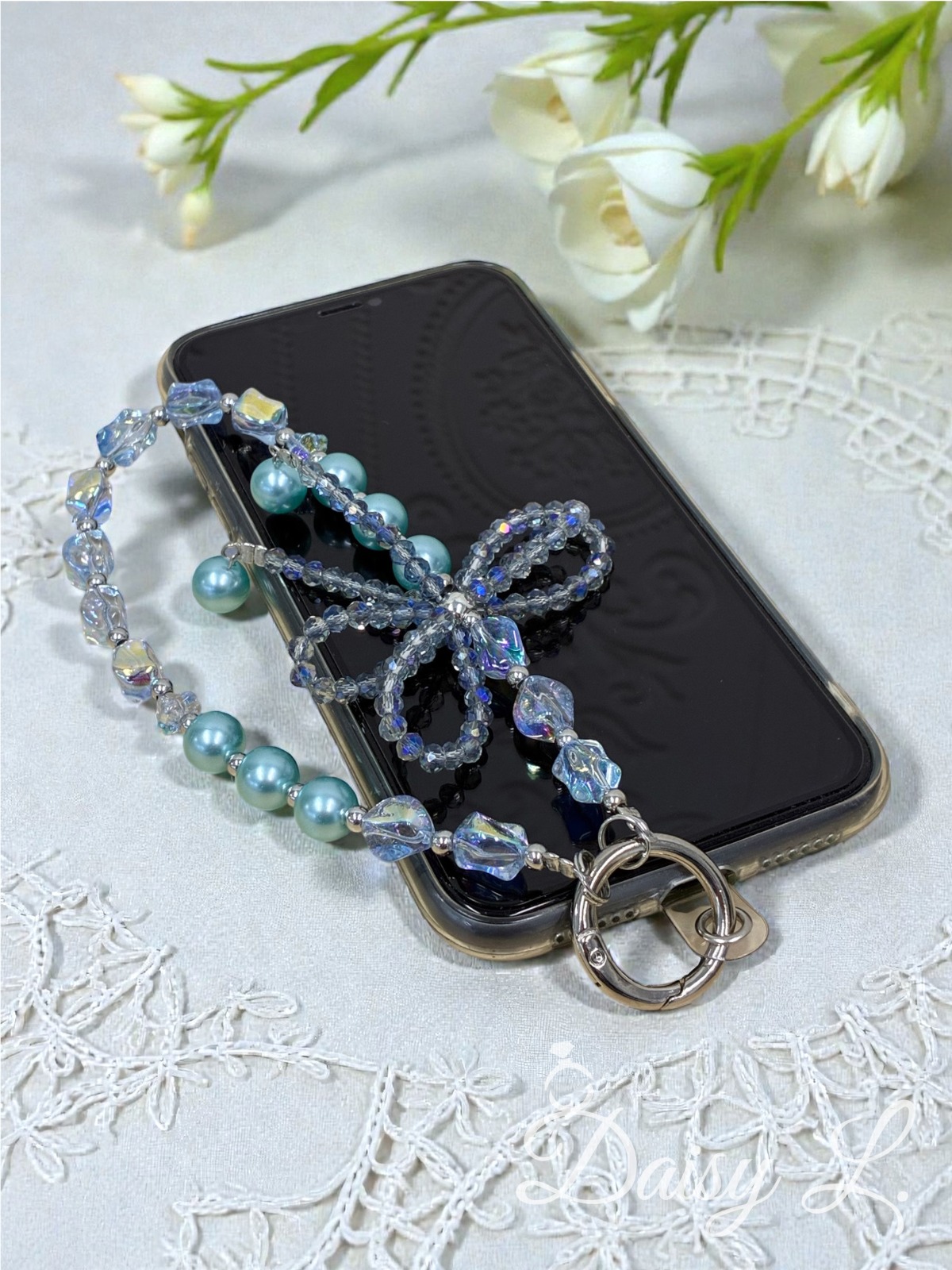 藍色夢幻蝴蝶結水晶手機掛繩