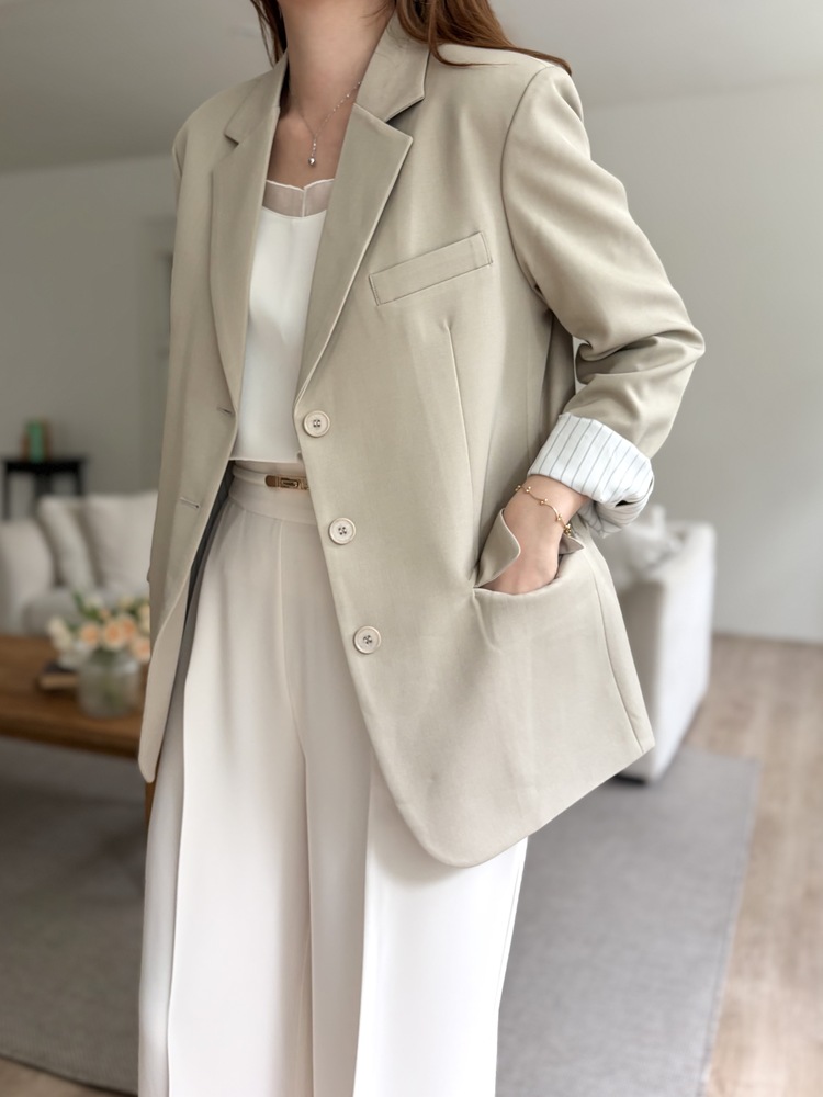 Margot Blazer with Striped Cuffs (Beige)