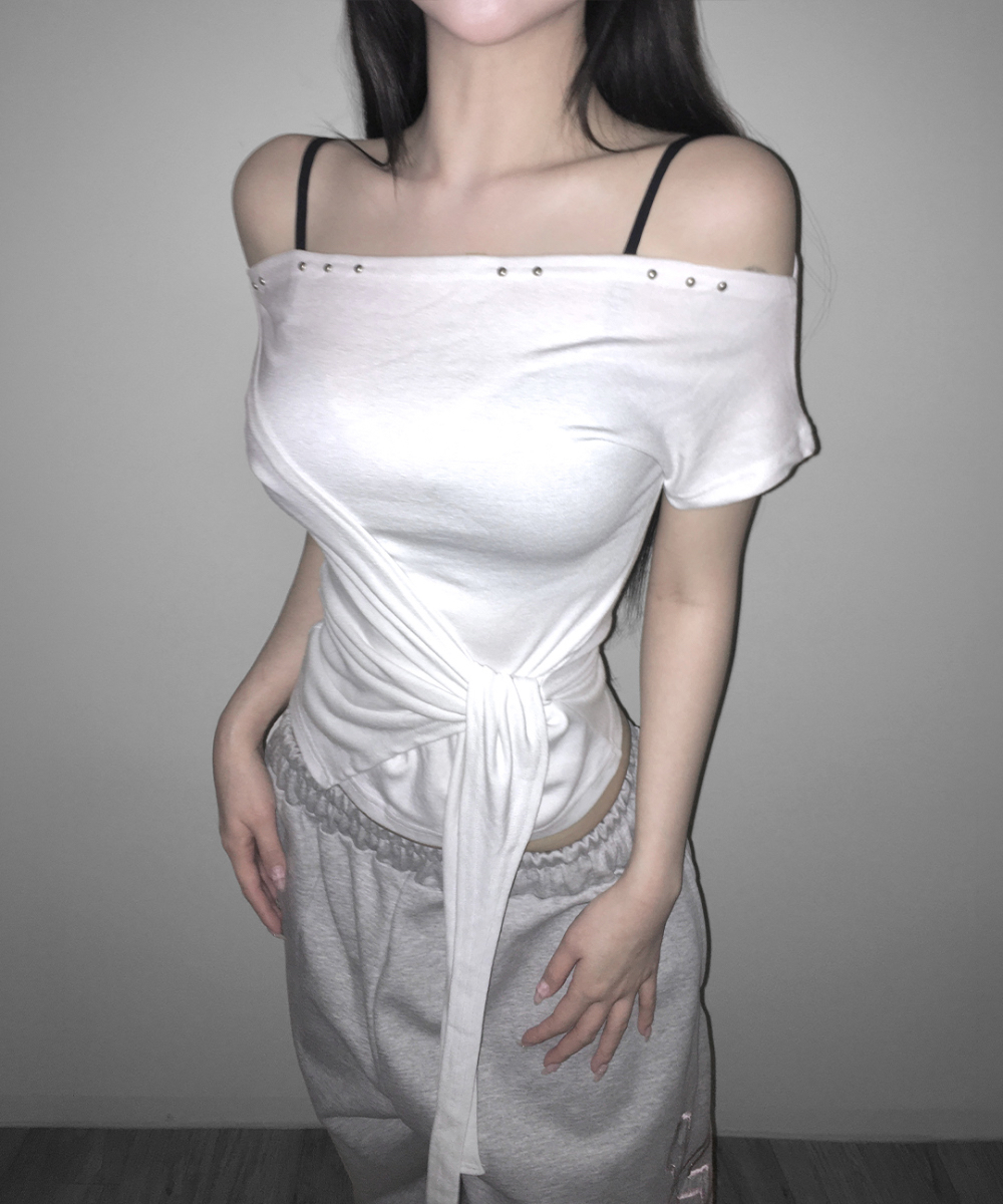 Studded Off-Shoulder Wrap Top