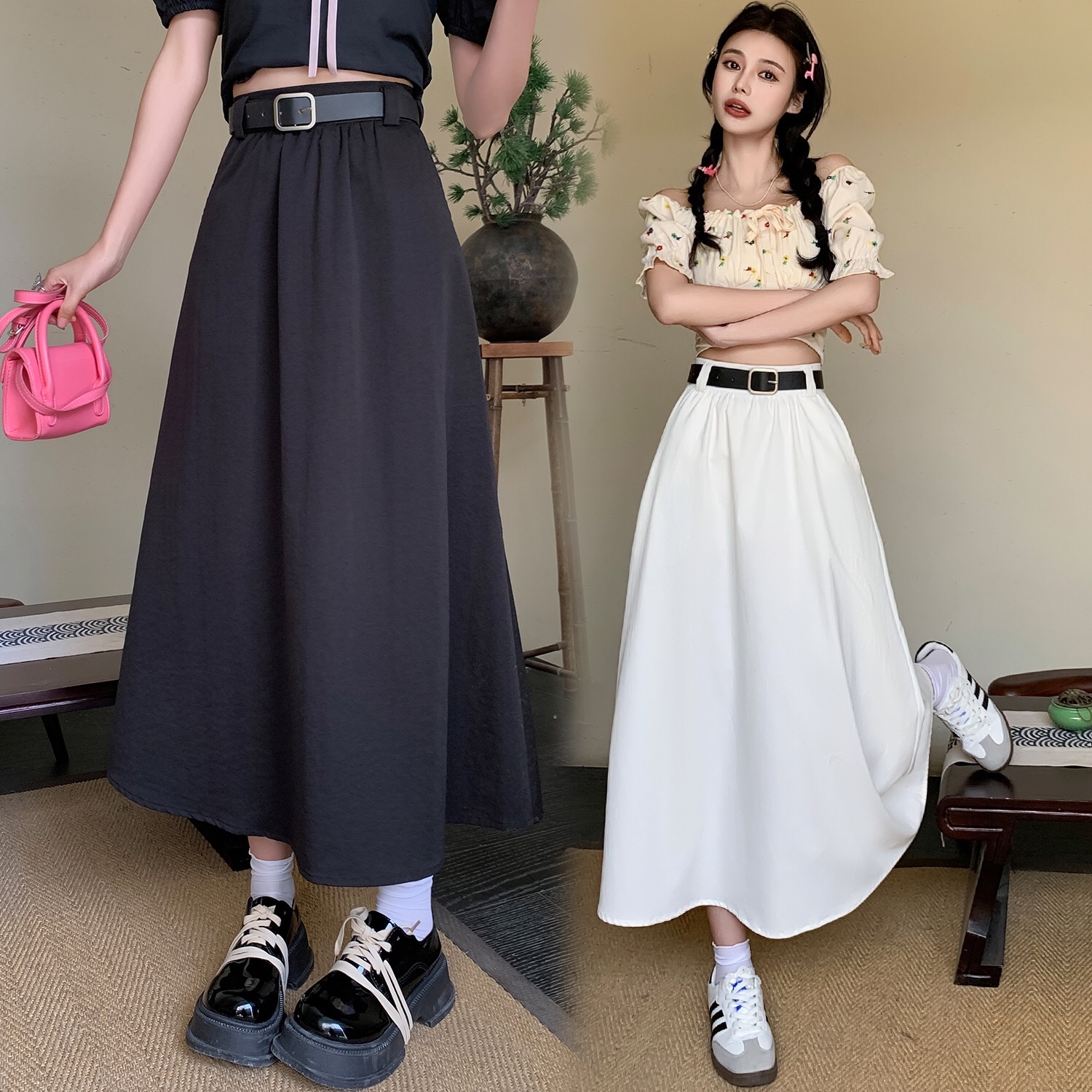 B30(66022) 韩版气质高腰纯色百搭A字西装黑白长裙