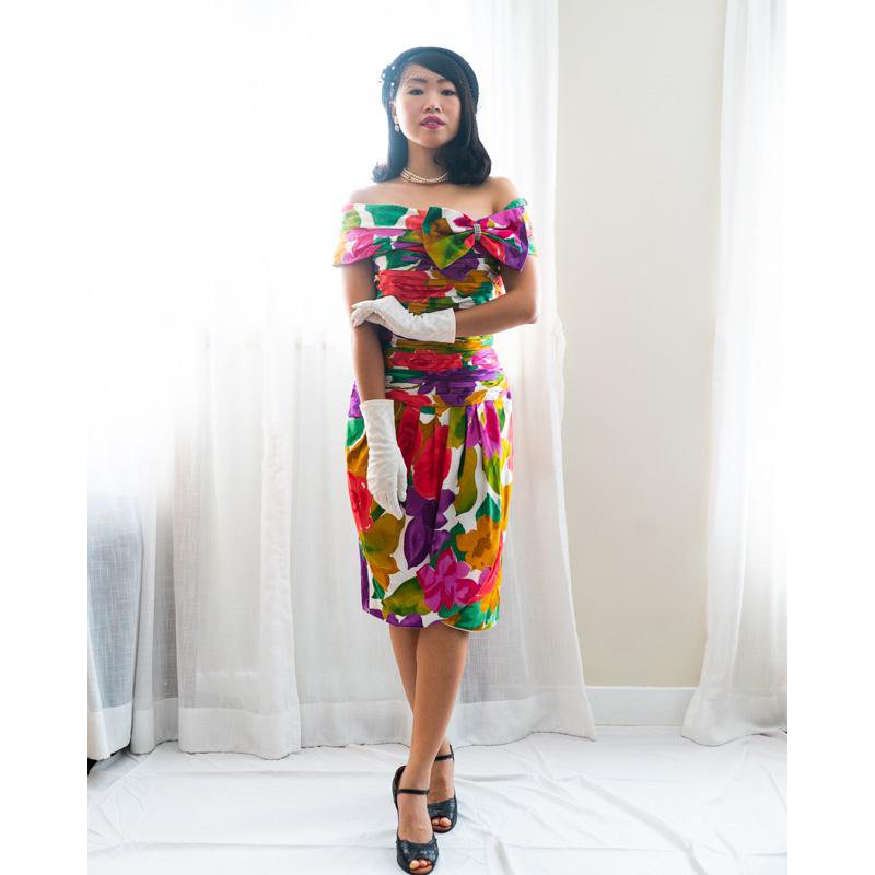 Joan Leslie 1980s Does 1950s Floral Evening Dress Size 8(NA0335)