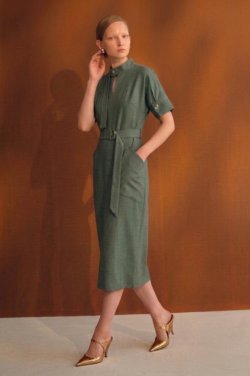 E8274BD Belted Mandarin Collar Dress