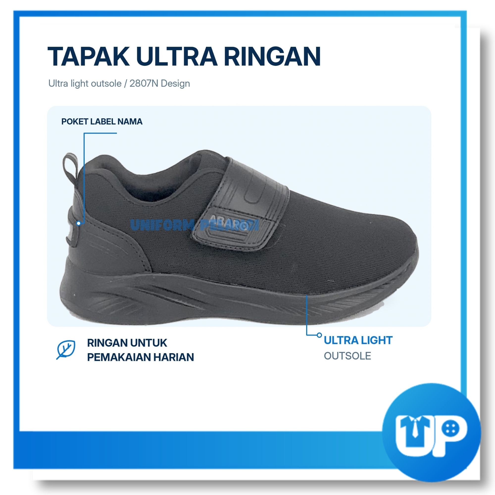 ABARO Kasut Sekolah Hitam Velcro Strap Water Resistant Mesh Sekolah Soft Cushion Shoe (W2881N)