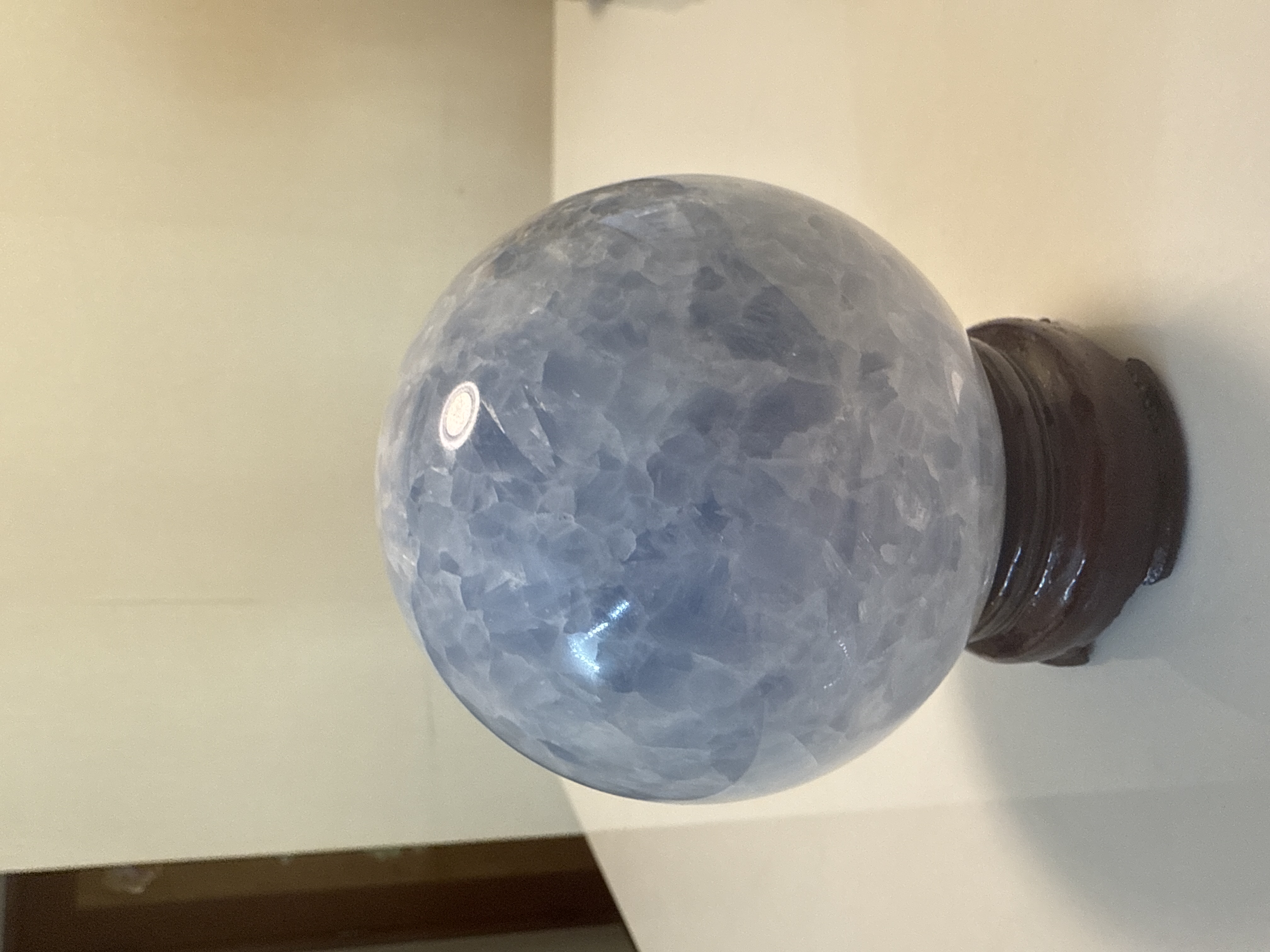 藍方解石球連座Blue Calcite Crystal Ball on Wooden Stand