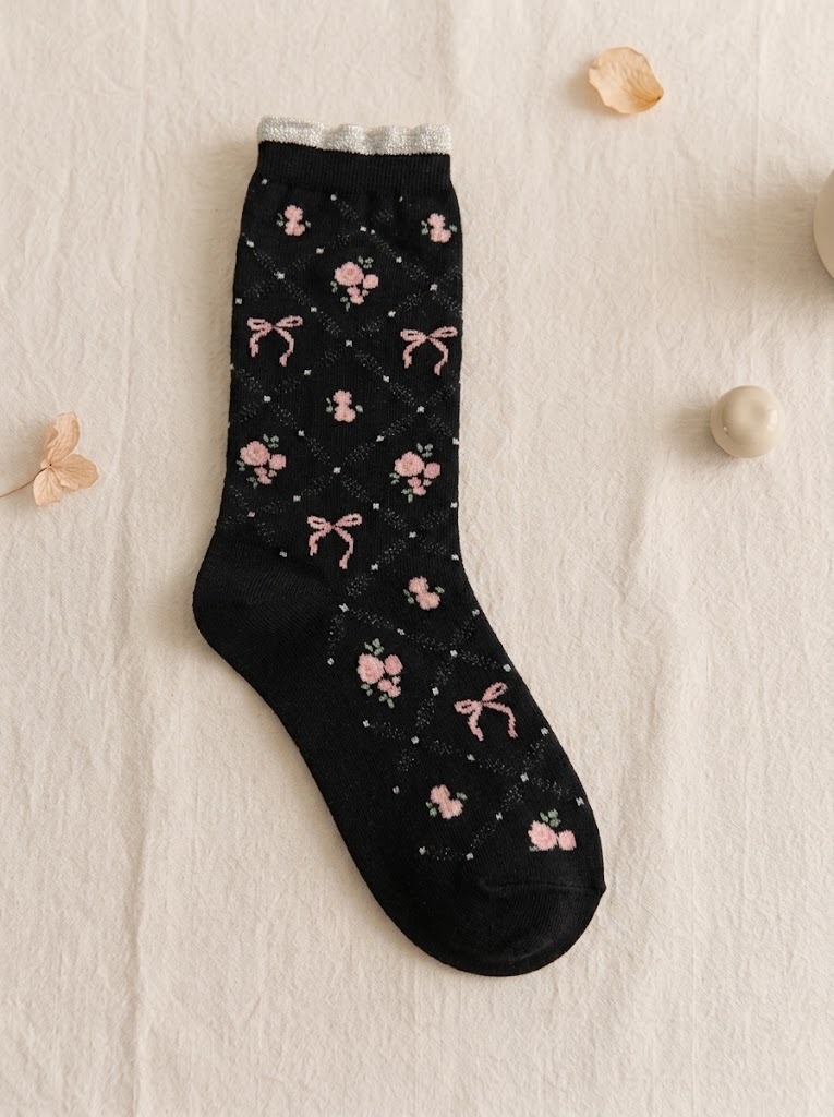 Korean Rose Floral Lace See-Through High Crew Socks