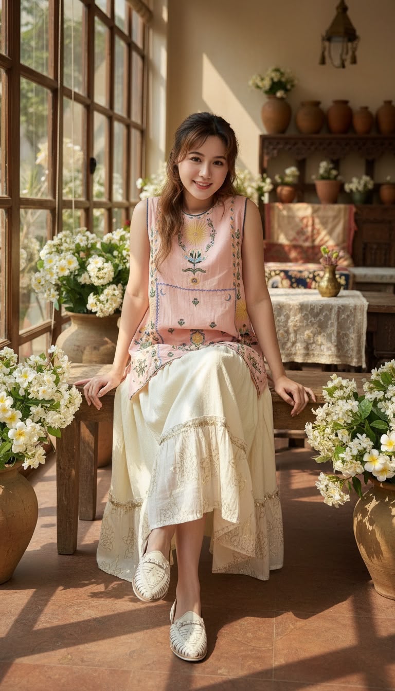 PKT 2645 Sakura Full Garden Emb Long Top