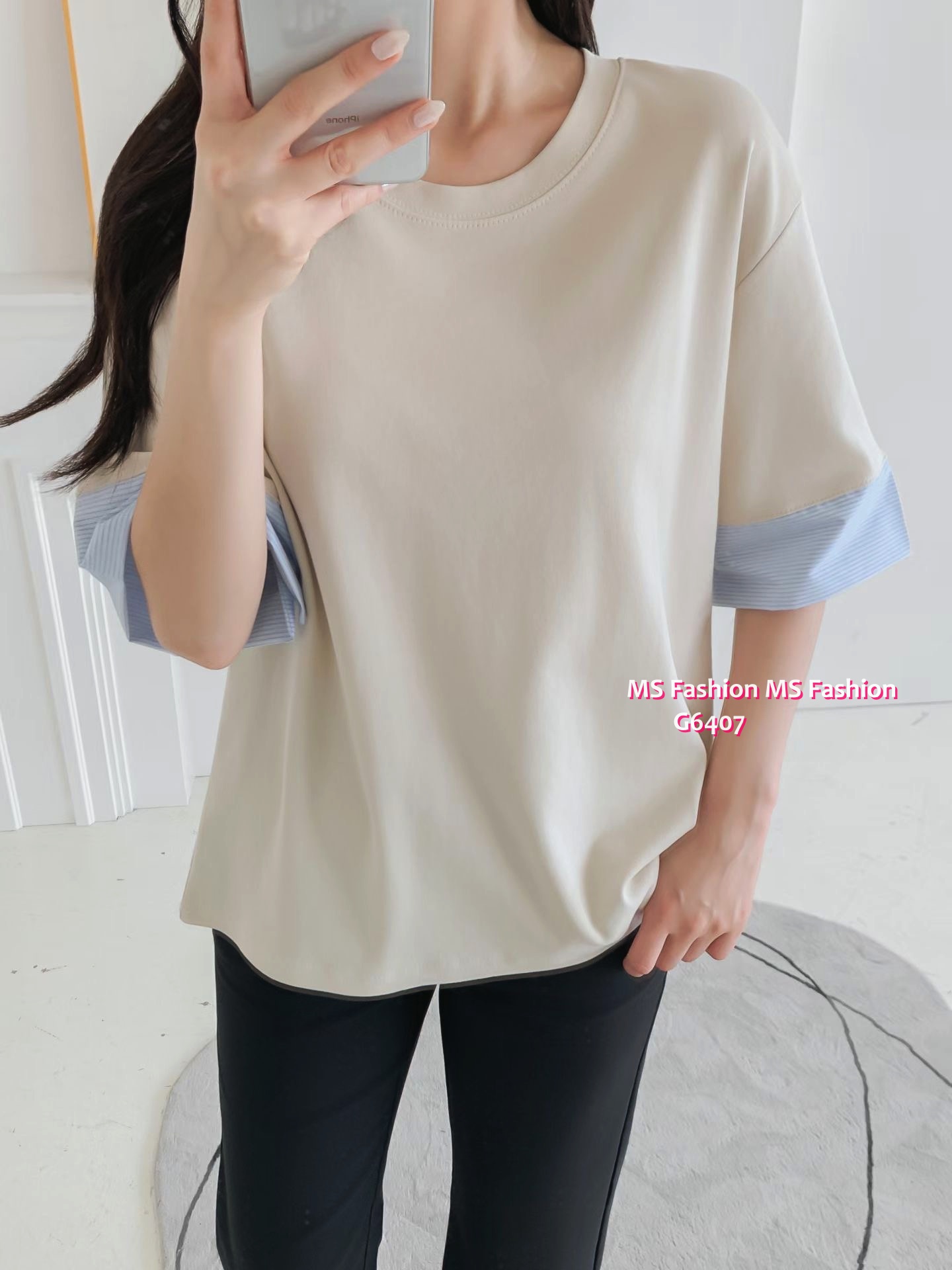 G6407 拼條子袖口top