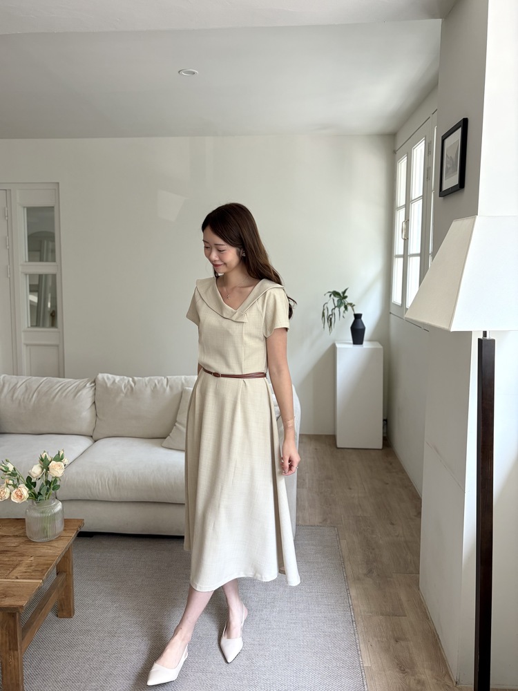 Sailor Collar Belted Dress (Beige)