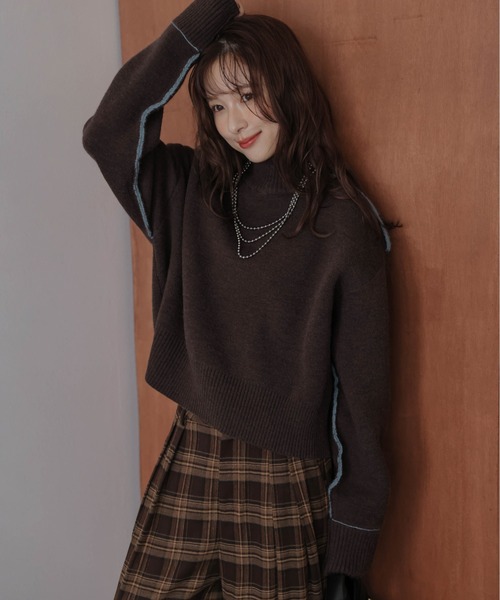 雙面撞色高領針織上衣【JT023】 