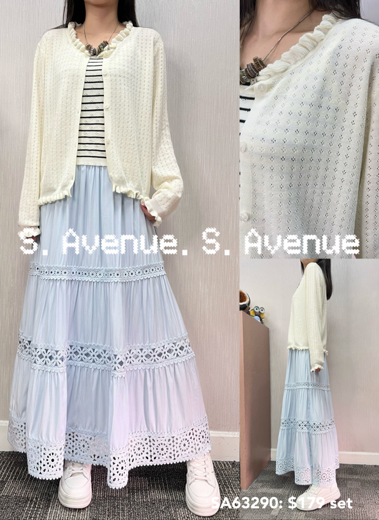 SA63290: 長袖波浪邊織花線料外套+橫間吊帶背心套裝