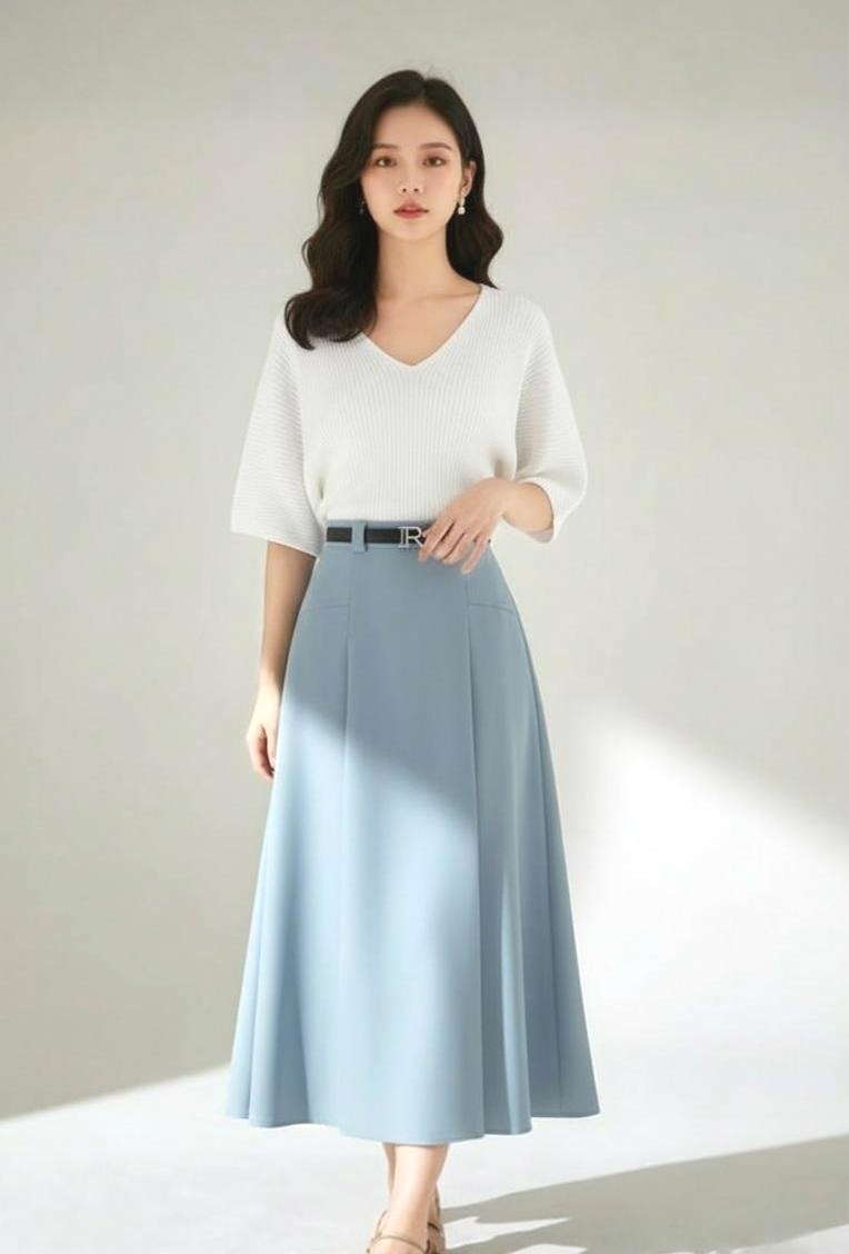 Belted Pleat A-Line Skirt