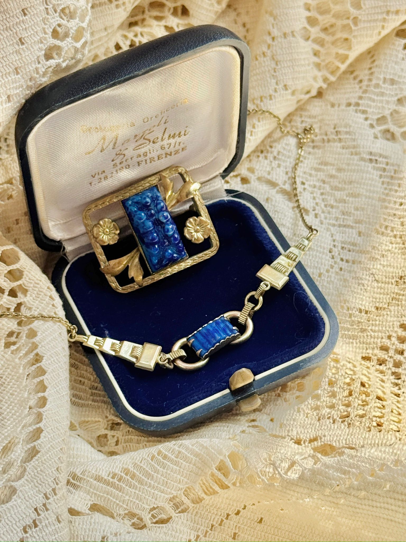 復古風格藍色裝飾胸針及項鍊套組，附原裝盒