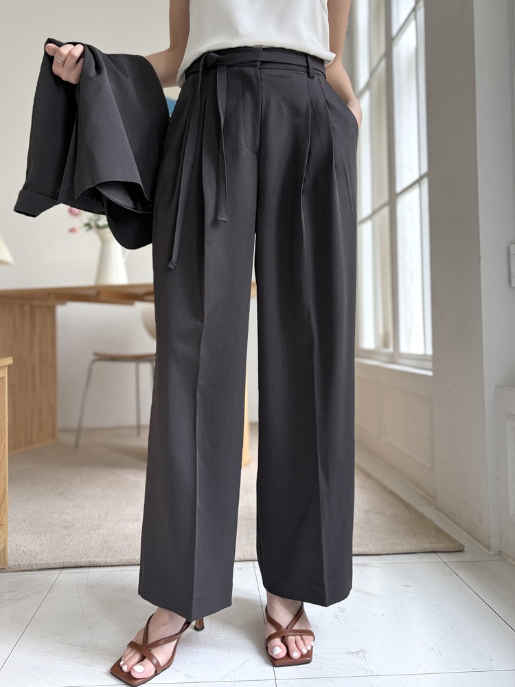 Aveline Belted Straight Slacks (Charcoal)