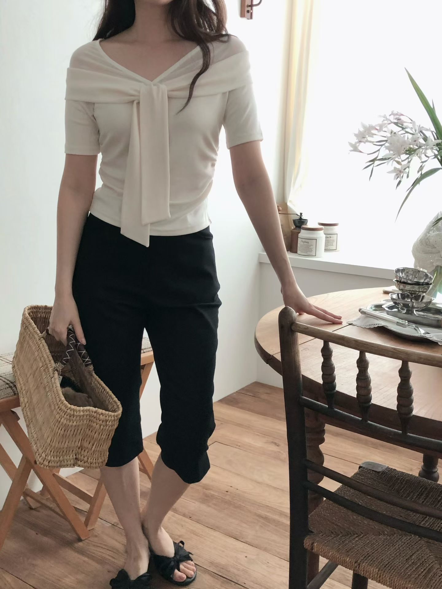 HA10 交叉垂墜領結假兩層修身上衣