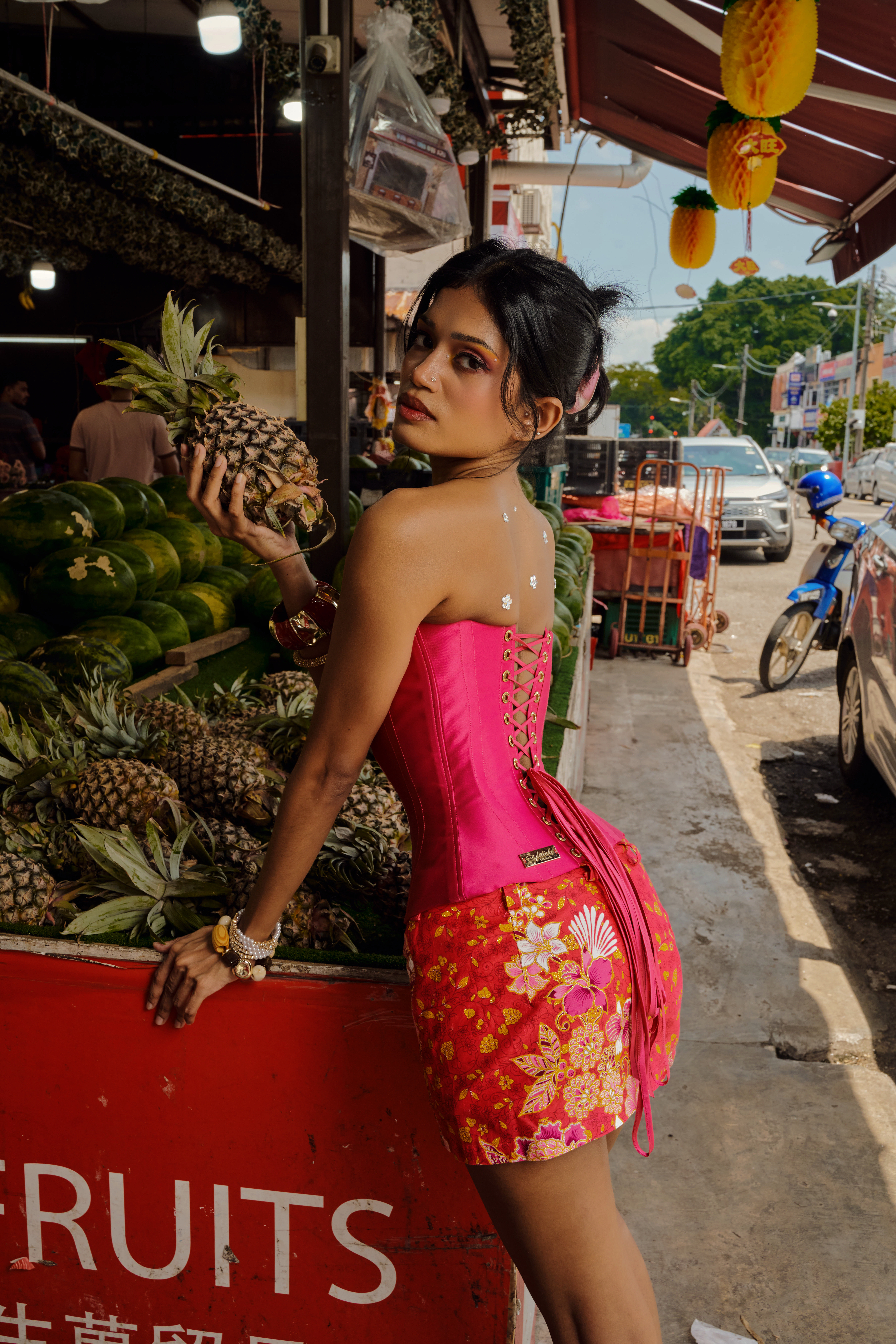 HABA Reversible Longline Corset and Mini Skirt in Hot Pink Batik