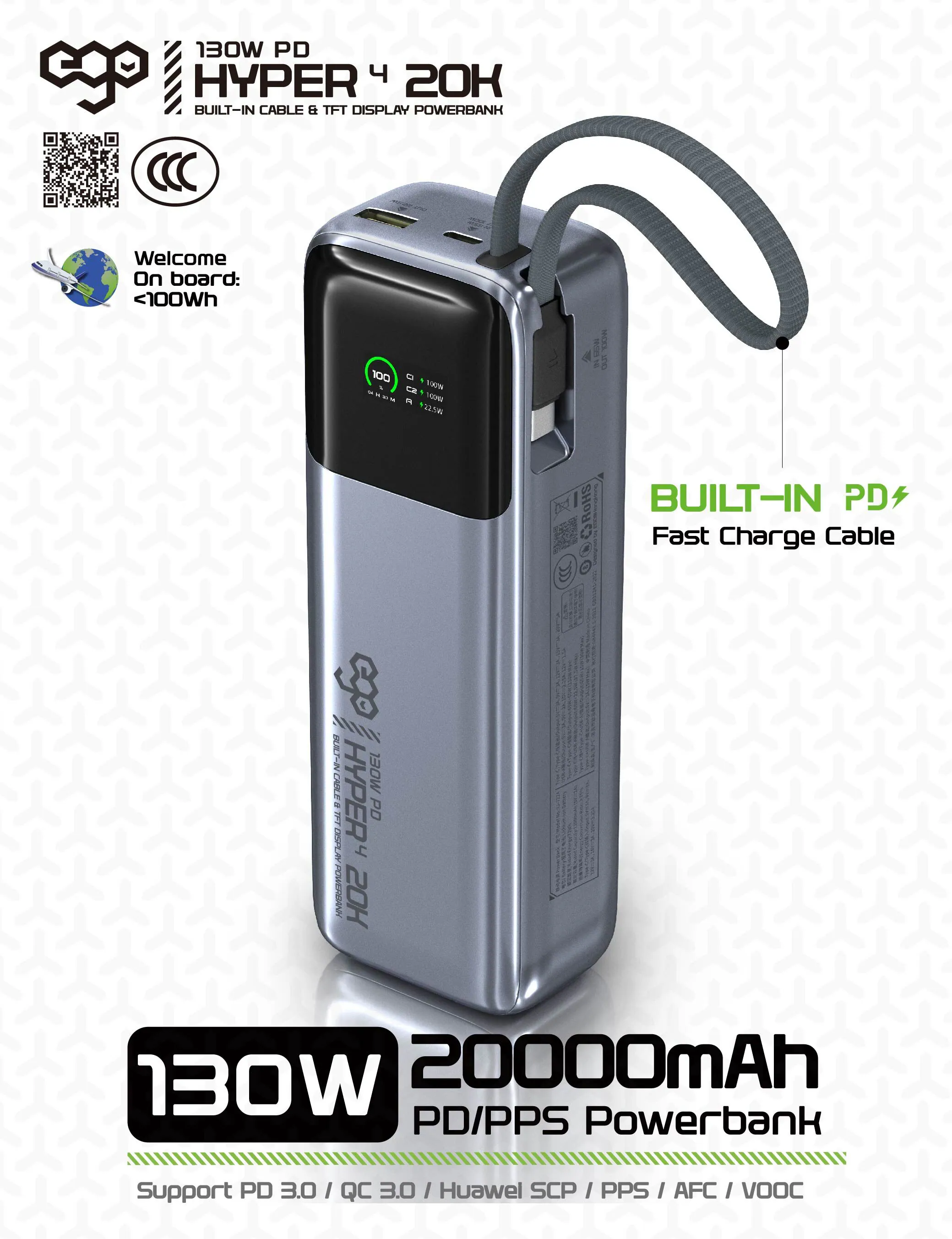 香港行貨 EGO Hyper4 20K@ 130W 內置線外置電  CCC QR code | 3C可追溯二維碼 | 20000mAh | 130W | 內置 Type C 線 | 流動充電池 | 尿袋 | 充電器 | 支援PD3.0 快充
