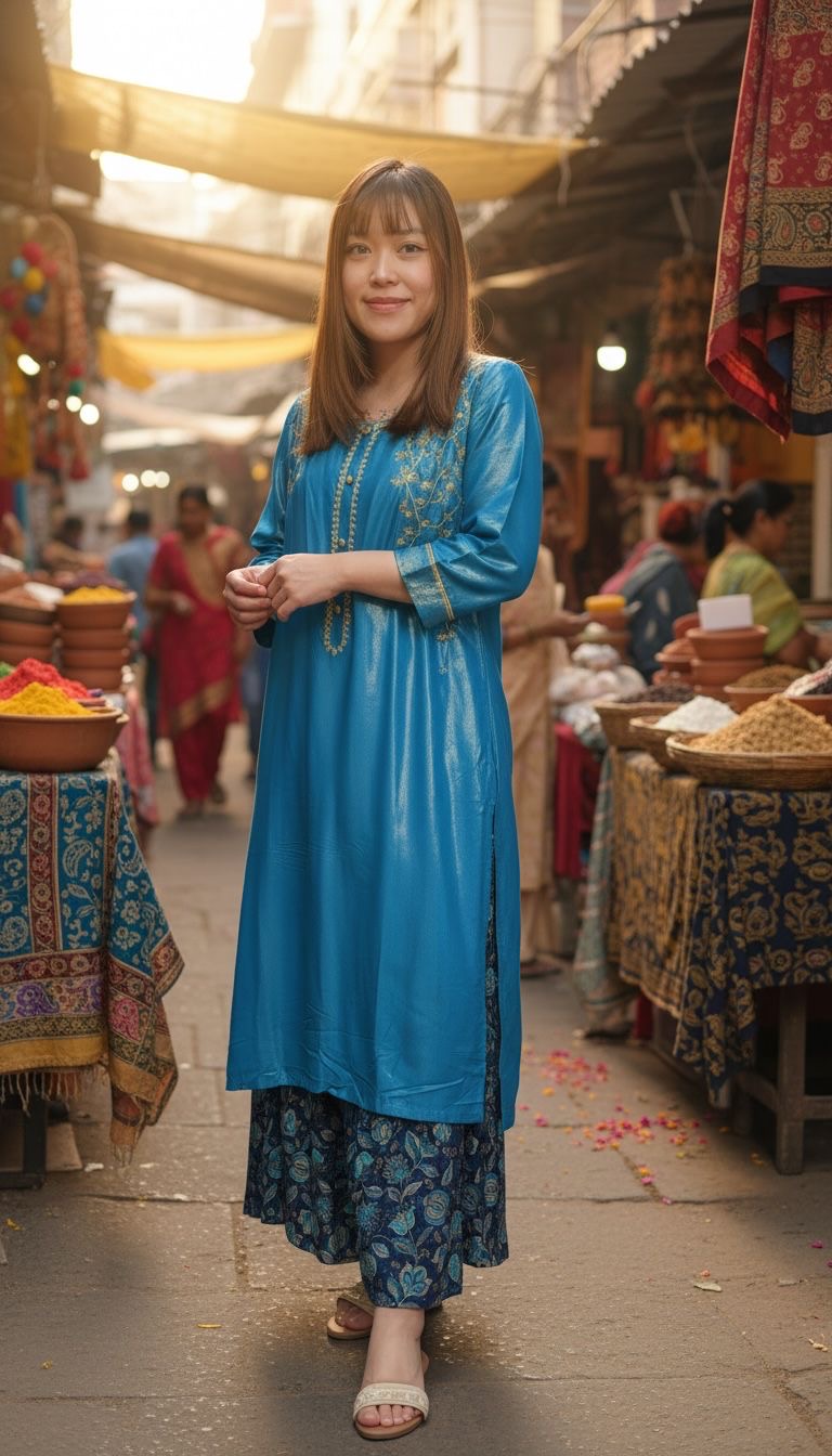 2216 Silky Blue with Golden Emb. Kurta