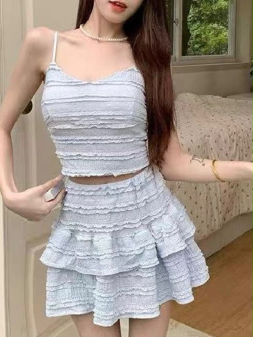 A150763 Dopamine Style Casual Two-Piece Set with Sexy Cami Top and White Tiered Mini Skirt