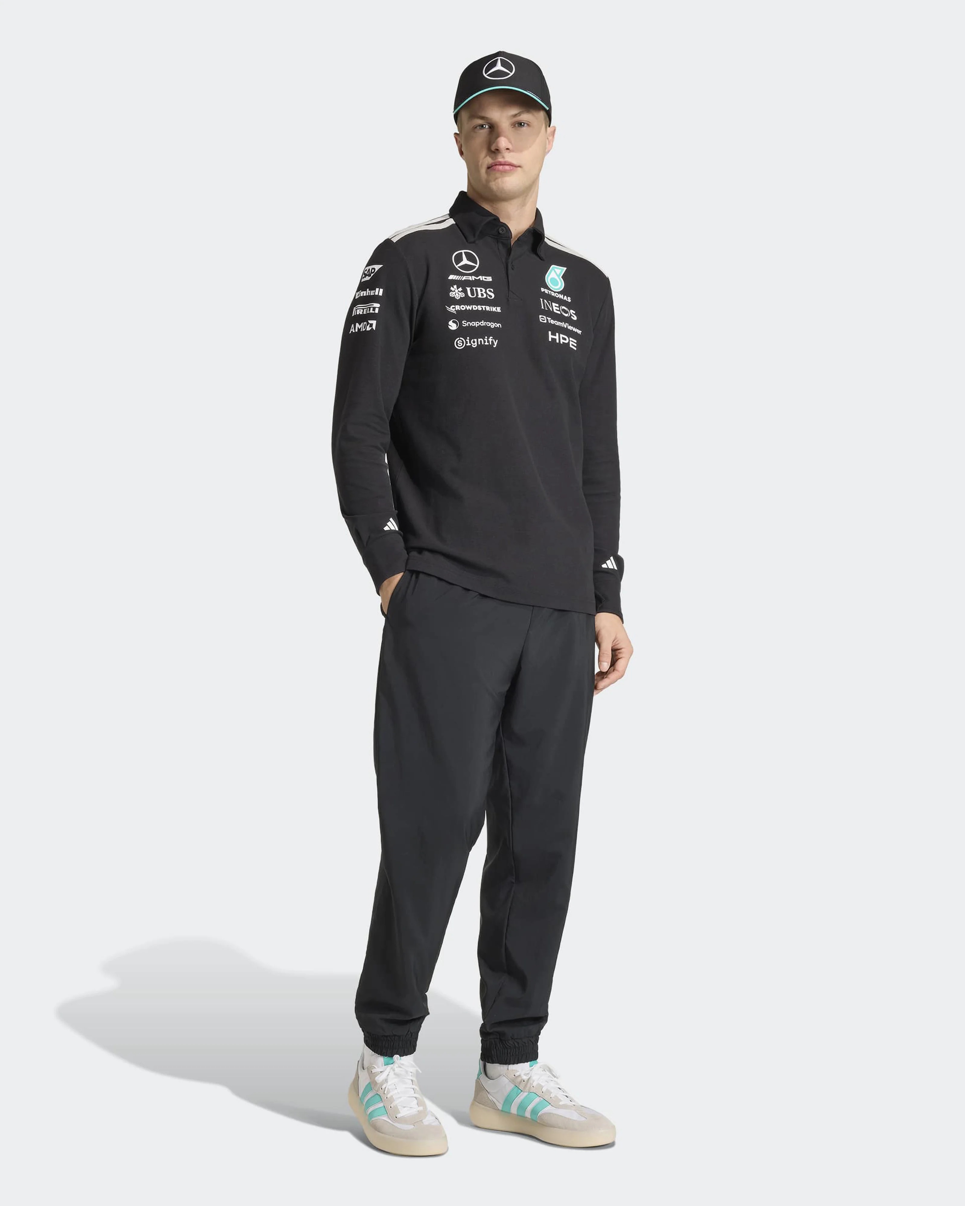 Adidas F1 Mercedes Benz 平治車隊 2026 黑色工程師長袖Polo KE5514