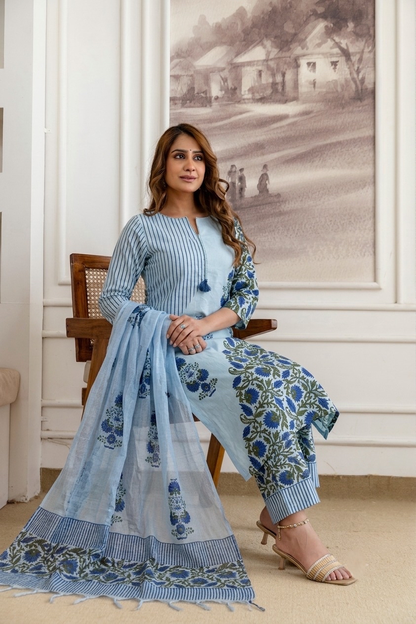 Light Blue Floral Print Kurta Set