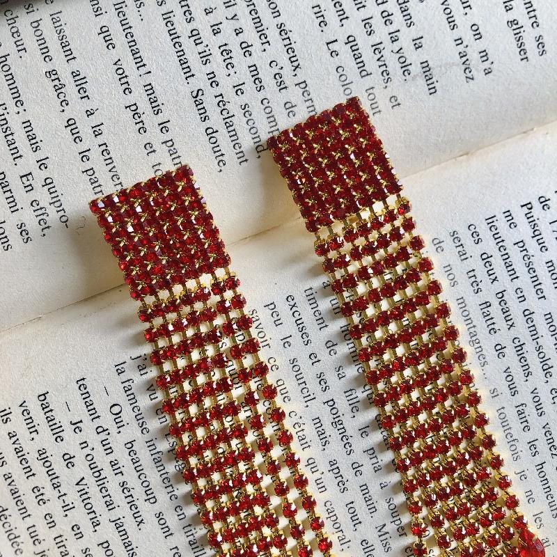 C.a. 1980s Red Rhinestone Extra Long Waterfall Tassel Clip Earrings(MT1801)