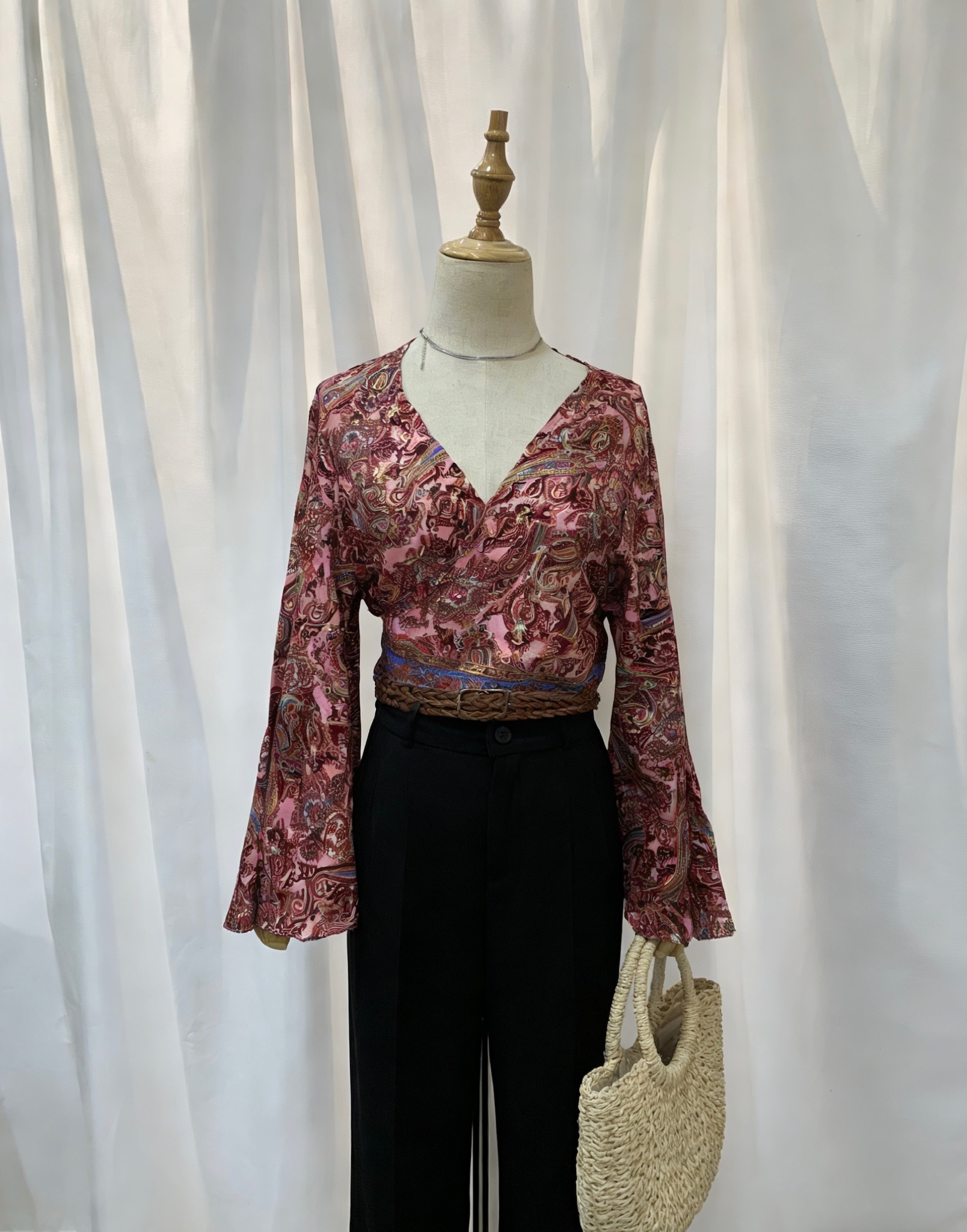 復古佩斯利印花綁帶上衣