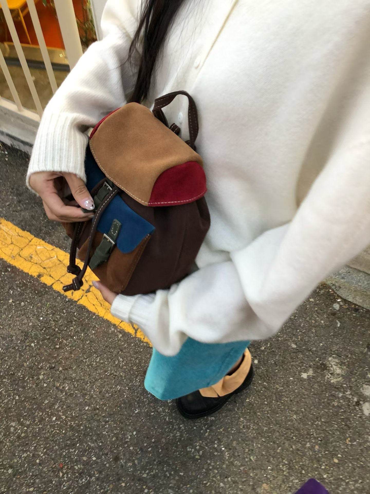 MILAE 復古麂皮雙口袋束口雙肩後背包