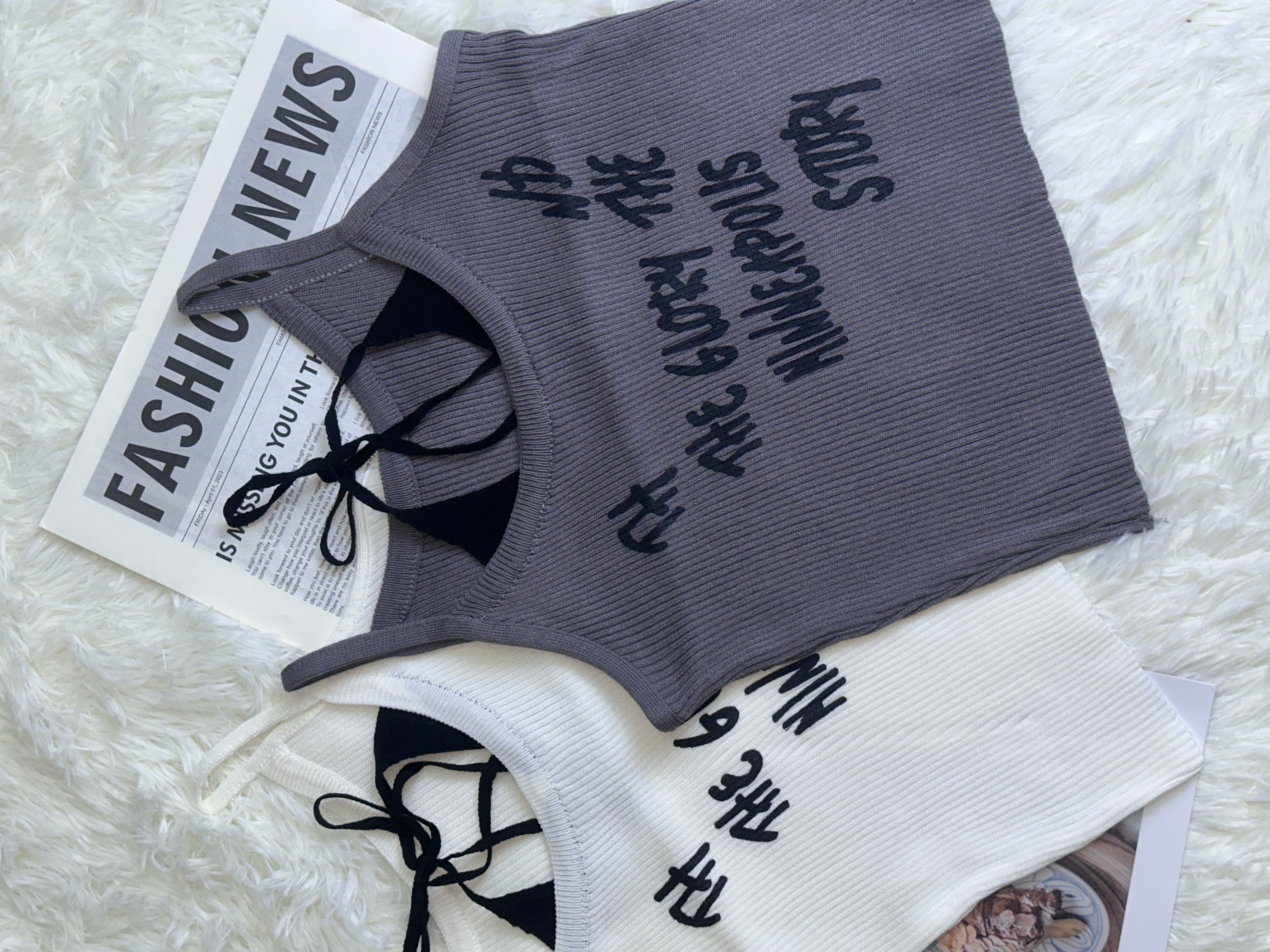 T20013#Y0229 Ribbed Knit Letter Print Camisole Top | Casual Slim Fit Sleeveless Tank