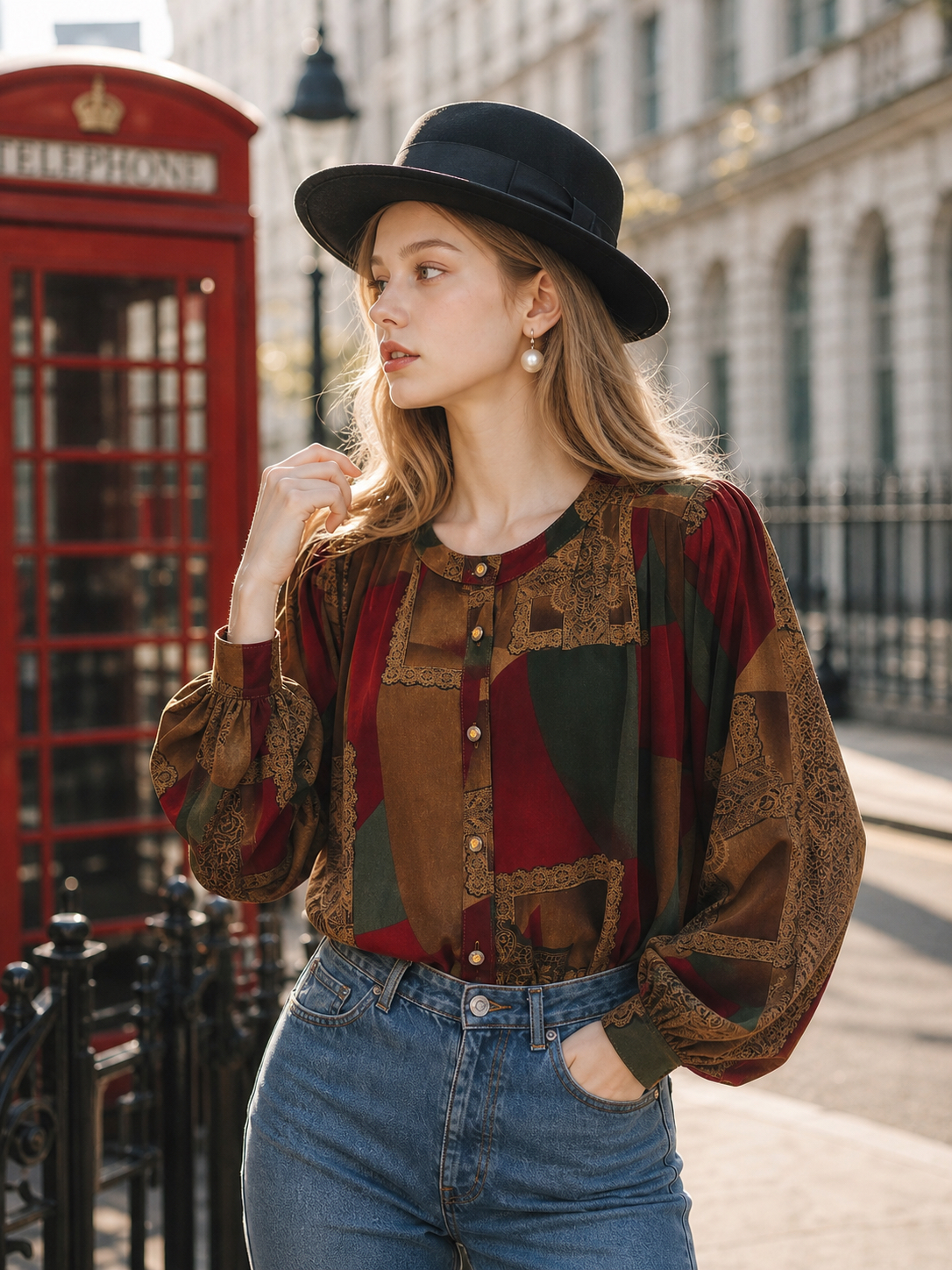 倫敦秋日手稿 ∙ 1970年代復古巴洛克幾何幾何圖騰印花古董襯衫 London Autumn Chronicles ∙ 1970s Vintage Baroque Geometry & Lace-Pattern Blouse