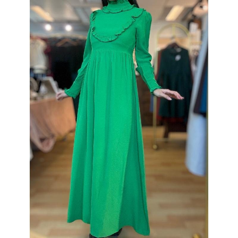 Vintage 1970s Victorian-Inspired Prairie Green Maxi Dress (MT2567)