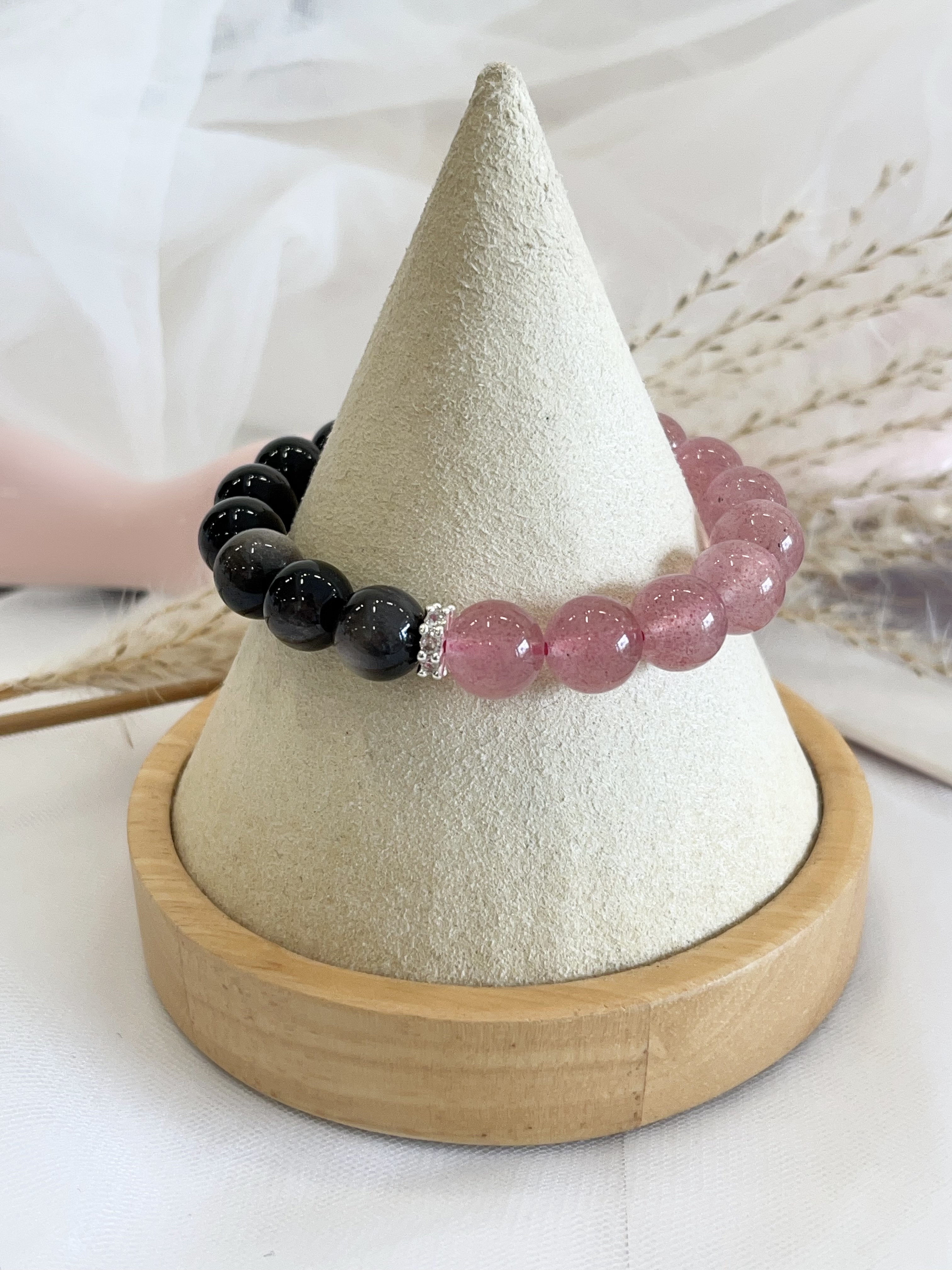 🍓 草莓晶 × 银曜石手串 Strawberry Quartz & Silver Obsidian