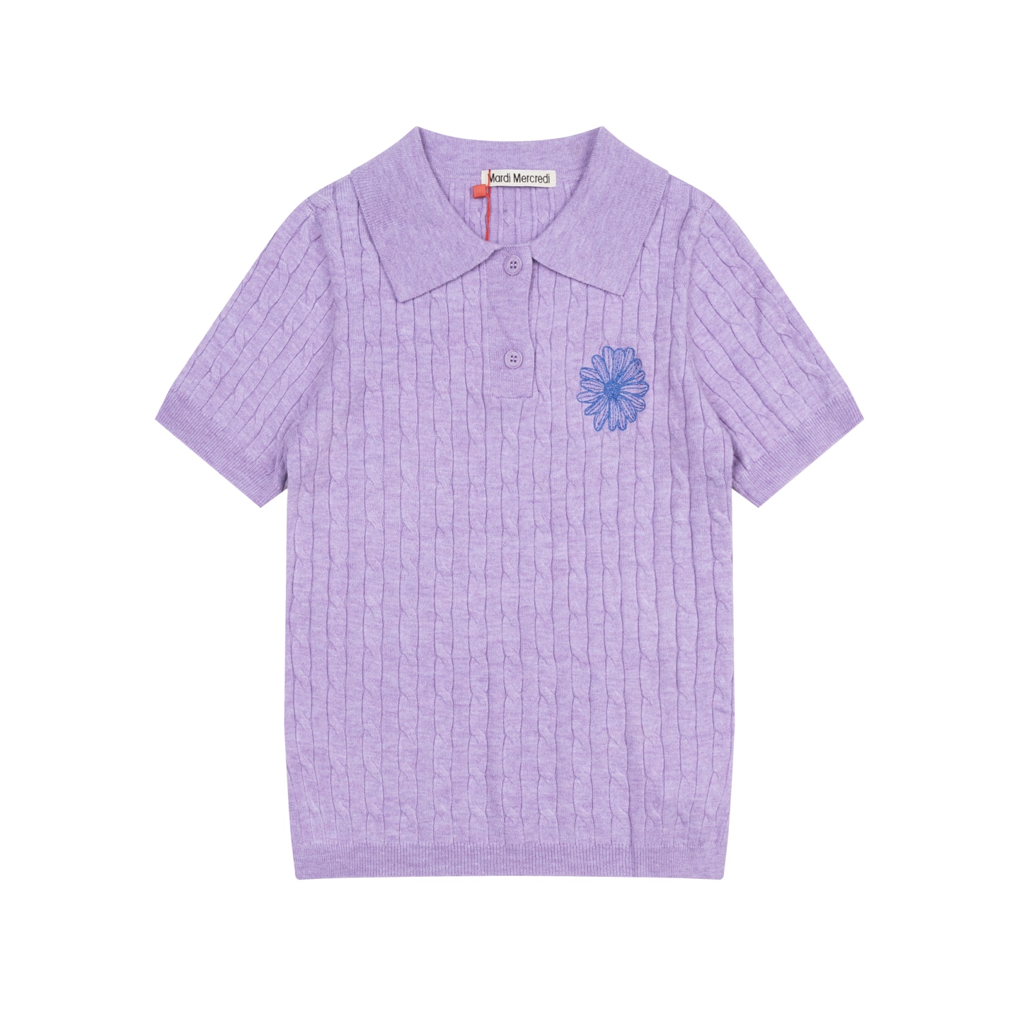 Mardi Mercredi Flower Embroidery Cable Short Sleeve Knit