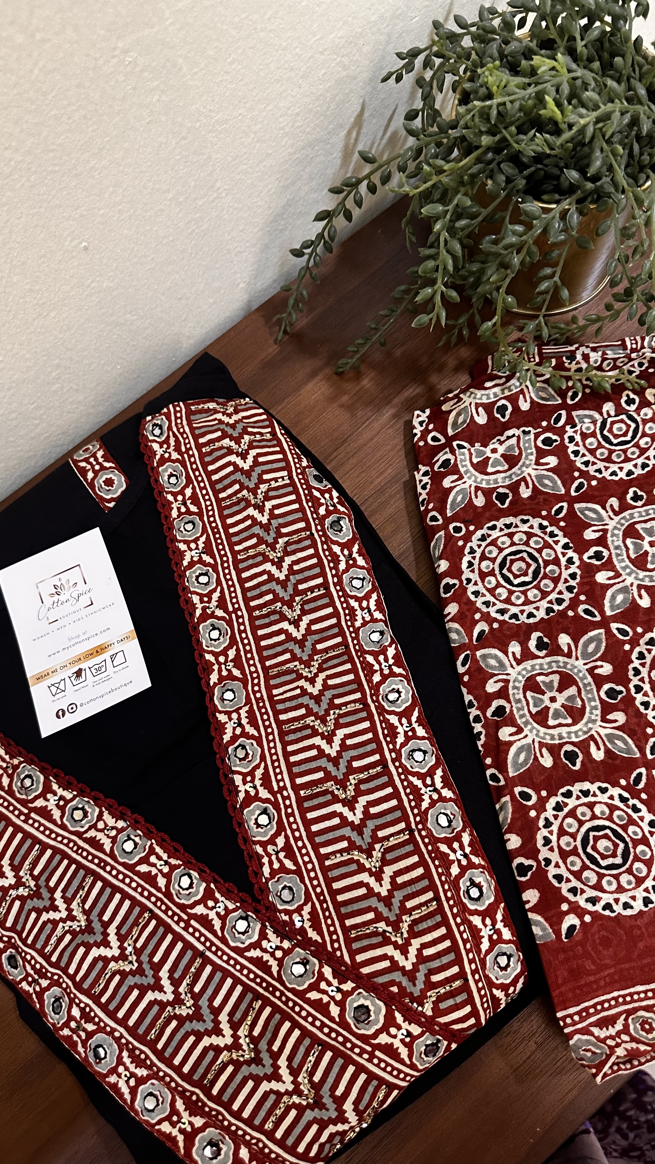 Black and deep red cotton Kurta set