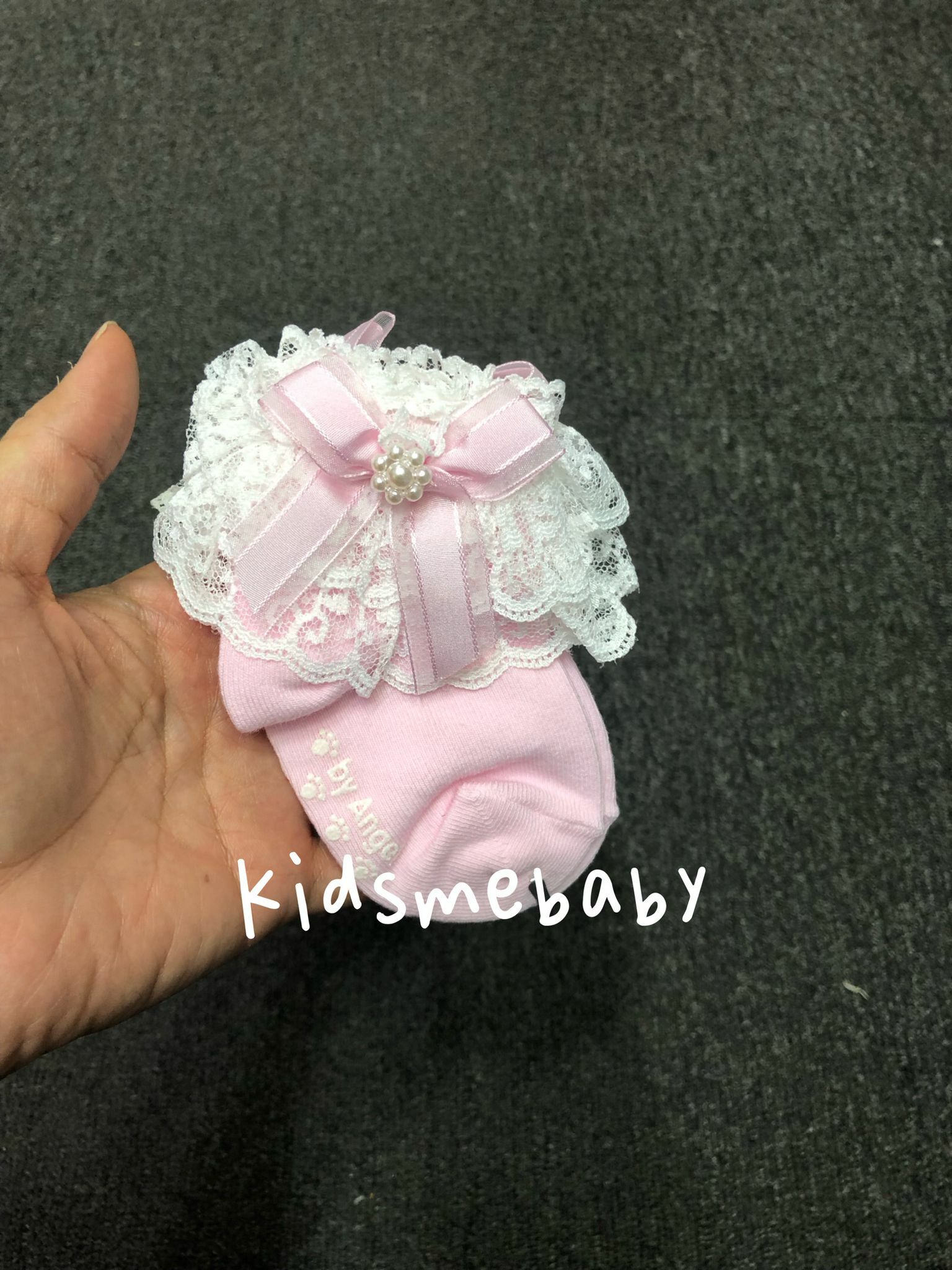 韓國制 粉紅色蕾絲防滑襪 (10-12cm)